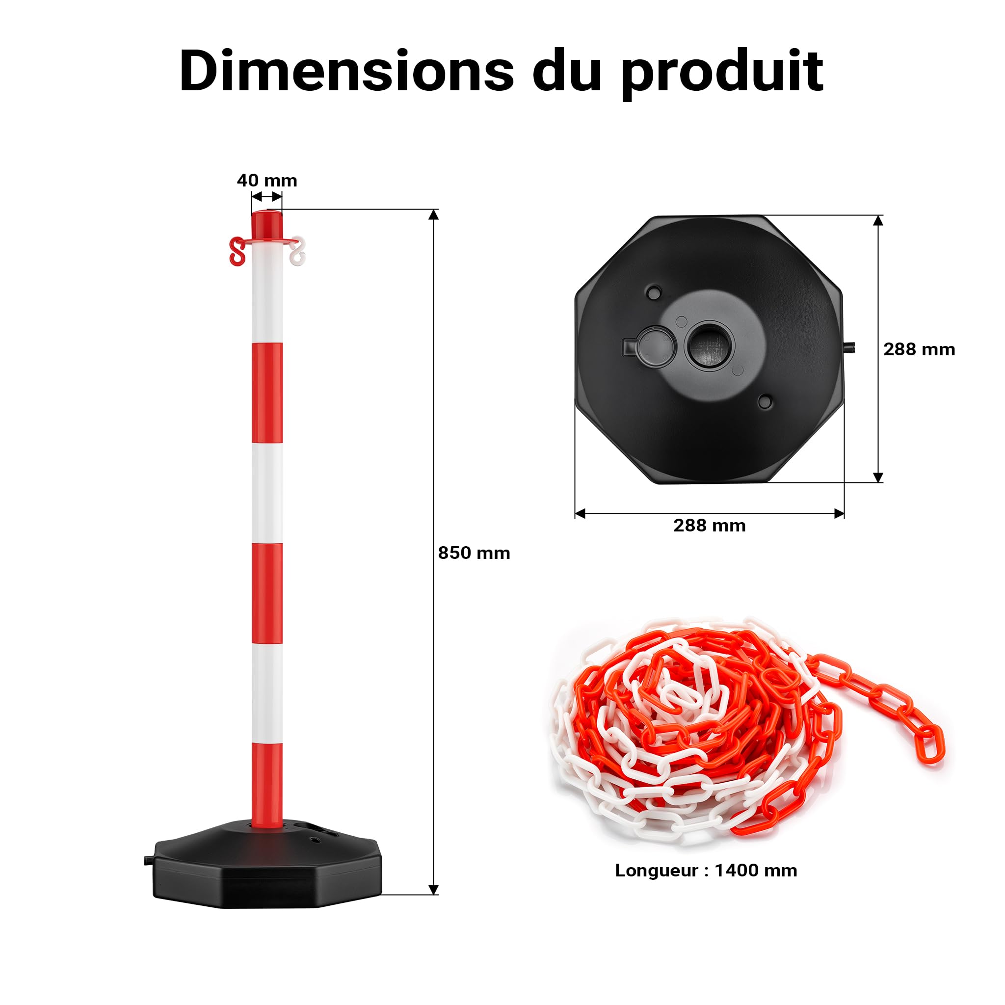 Wiltec Poteaux de chaîne 80 x 28 x 28 cm rouge blanc chaîne 1,4 m crochets S base remplissable bornes stationnement