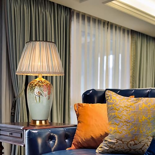 Miniatura 3 de PSXPSXO Lámpara de mesa LED de cerámica pintada a mano con flores y pájaros lámparas de chinoiserie clásicas americanas pantalla de tela amarilla