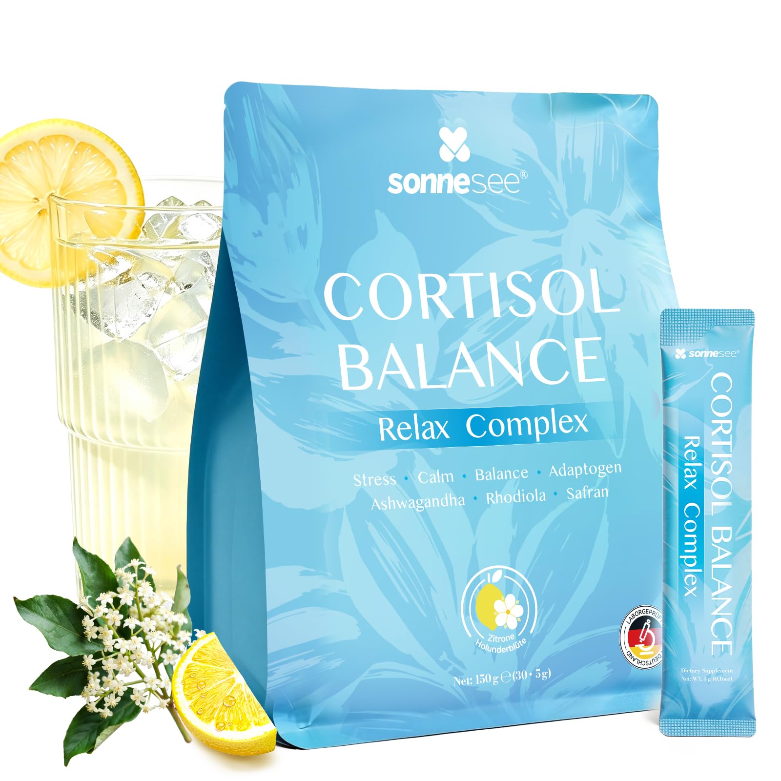 Sonnesee Cortisol Balance Support- Stress Adaptogen Pulver (Cortisol Cocktail) - Mit Ashwagandha Rhodiola GABA & L-Theanin – Zur Unterstützung der Nerven & Psyche – 150g Laborgeprüft in Deutschland