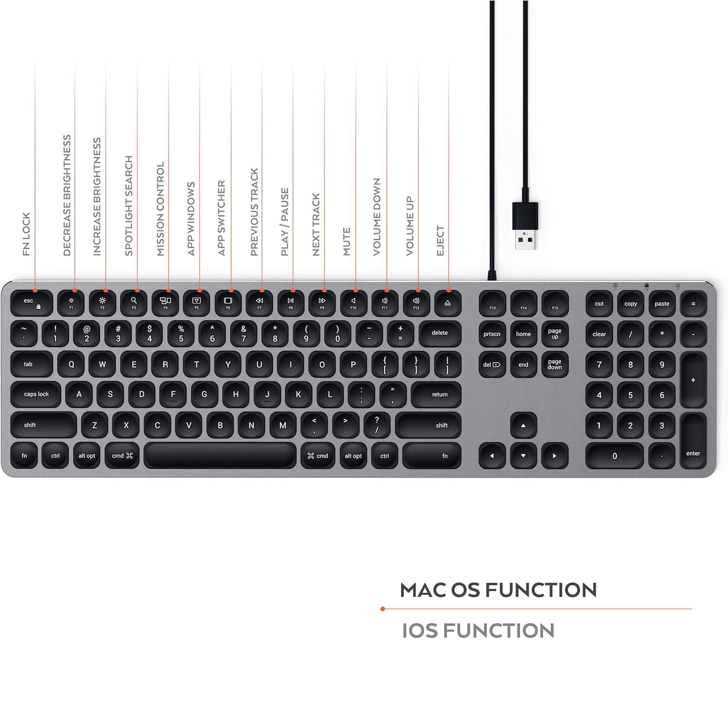 SATECHI Teclado con Cable USB con Keypad Numérico, QWERTY US, Gris | Distribución Americana, aluminio, tamaño completo con keypad numérico, para MacBook, portátiles Windows, PC y más
