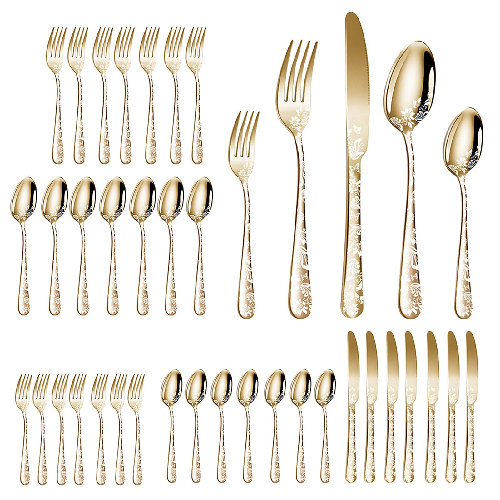 Walmeck JUEGO DE CUBIERTOS DE ACERO INOXIDABLE CUBIERTOS PULIDO ESPEJO 40PCS PARA COCINA RESTAURANTE FIESTA (Oro)