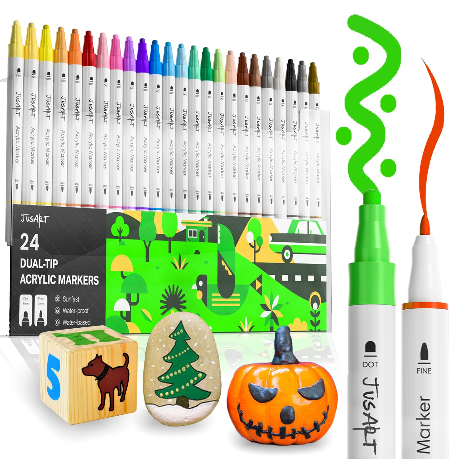 JusArt 24 Colors Dual Tip Acrylic Paint Markers with Dot and Fine Tip, No-Bleed Paint Pens and Waterproof Markers for Rock, Wood, Glass, Ceramic - Vibrant Art Supplies for Kids, Beginners & Artists