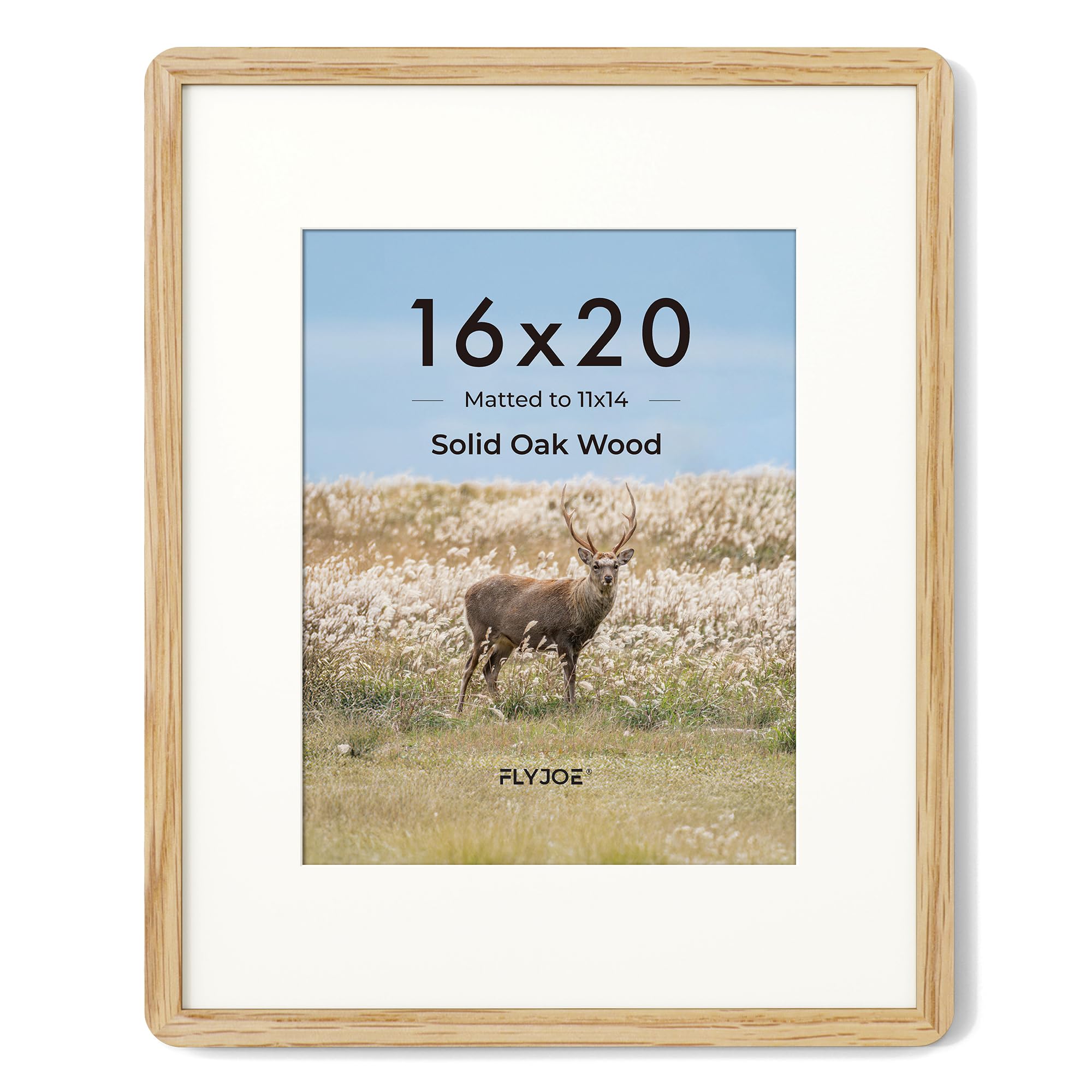 FLYJOE 16 x 20 Picture Frame - Solid Oak Wood 16x20 Poster Frame, 16''x20'' Picture Frame With Mat For 11x14, Tempered Glass and Hanging Hardware