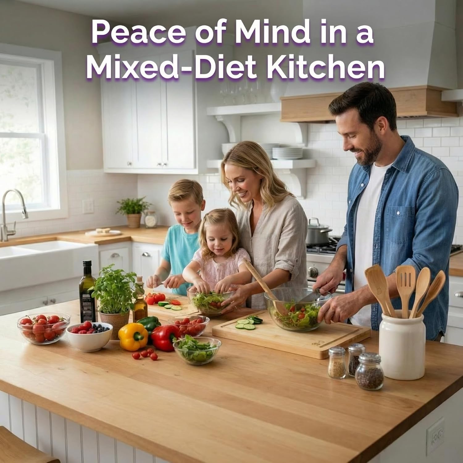 8-Piece Bamboo Cutting Board & Utensil Set – 3 Extra-Thick Boards with Juice Grooves (15", 11", 9") + 5 Cooking Utensils – Dedicated Gluten-Free Kitchen Tools, Ideal for Mixed-Diet Homes