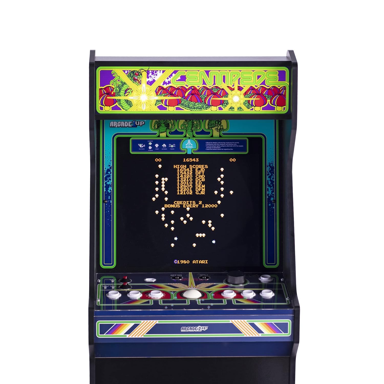 Close-up of the Arcade1Up Centipede control panel and screen