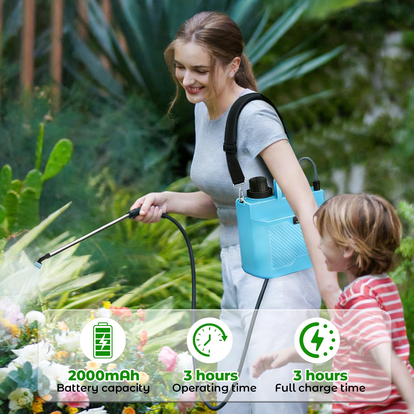 auvstar Pulverizador Eléctrico de Jardín 8L | 4 Boquillas, Recargable con Correa, 3 Velocidades, Mochila Pulverizadora, Mango 77cm Telescópico
