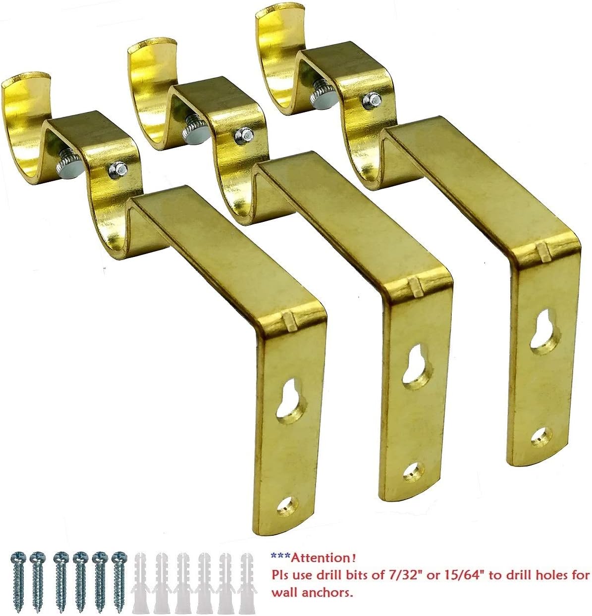 Double Curtain Rod Hanging Brackets Havy Duty 3Pcs-Gold (Pack of 2)