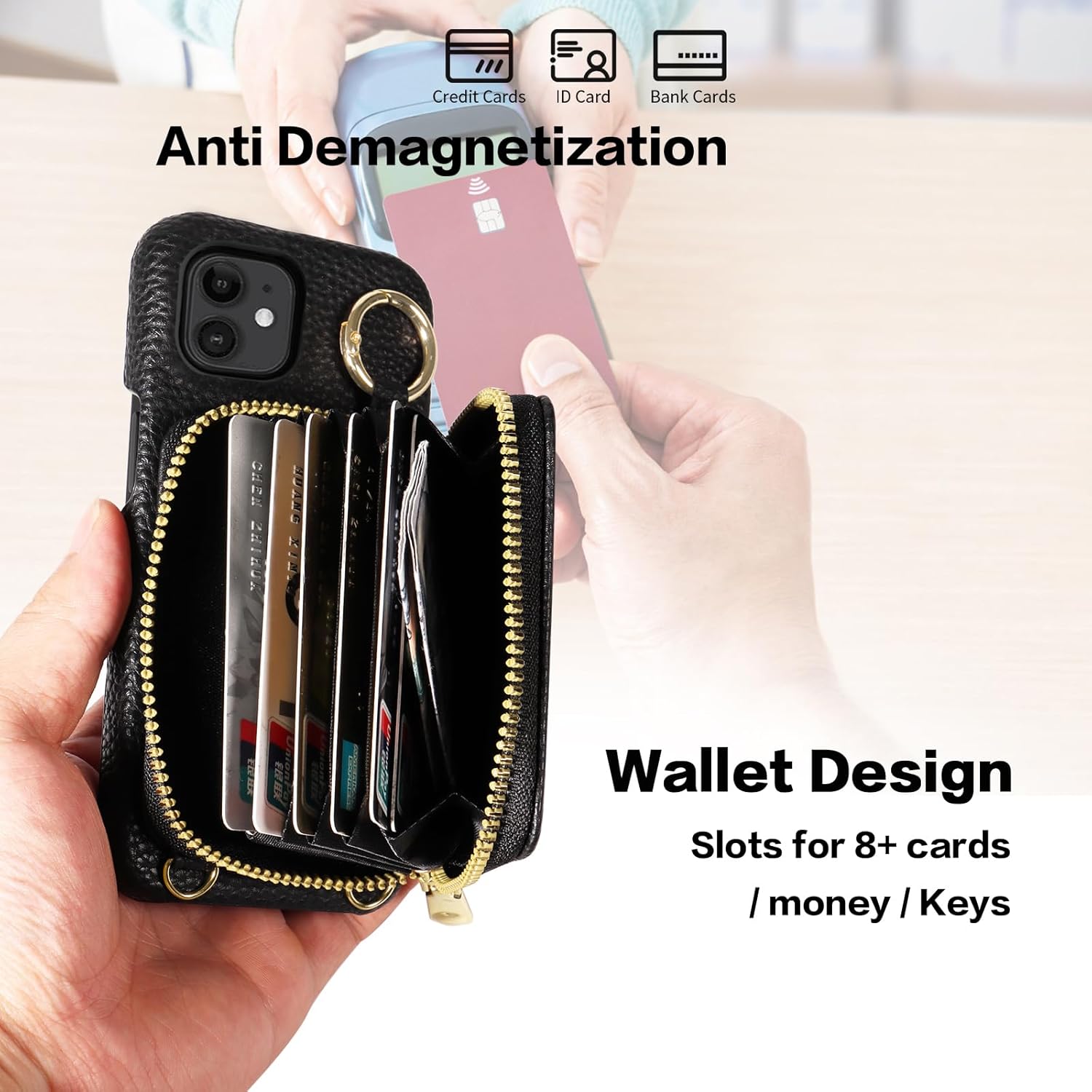 Wallet Case for iPhone 12 Mini 5.4 with Shoulder Strap Ring Buckle, Luxury PU Leather Zipper Flip Organ Purse, Card Holder Stand Cell Phone Cover for iPhone12mini 5G i 12s iPhone12 12mini Black - Image 4