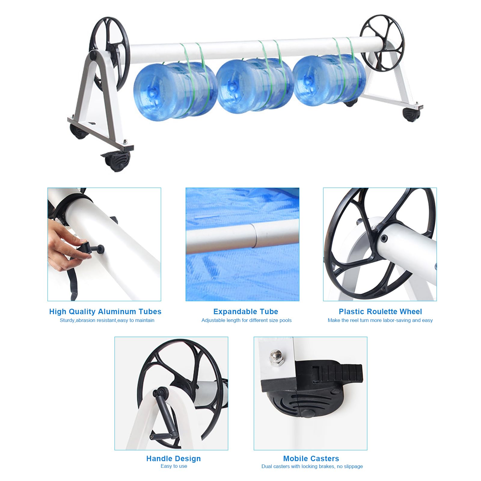 Enrollador De Cubierta Solar para Piscinas con Manivela Telescópica De Aluminio para Piscinas Enterradas