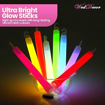 WedDecor Ultra Bright 6 Inch Glow Sticks with Lanyards, Mix Colours, 12pcs | Glow in Dark Party Rods Neon UV Accessories for Night Events, Christmas, Graduation, Festival, Camping, Cycling