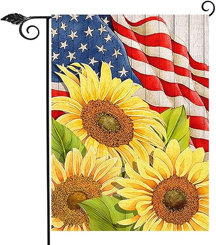 Hzppyz Bandera patriótica de jardín de girasol del 4 de julio, Día de los Caídos decorativa para patio al aire libre, doble cara, arpillera de