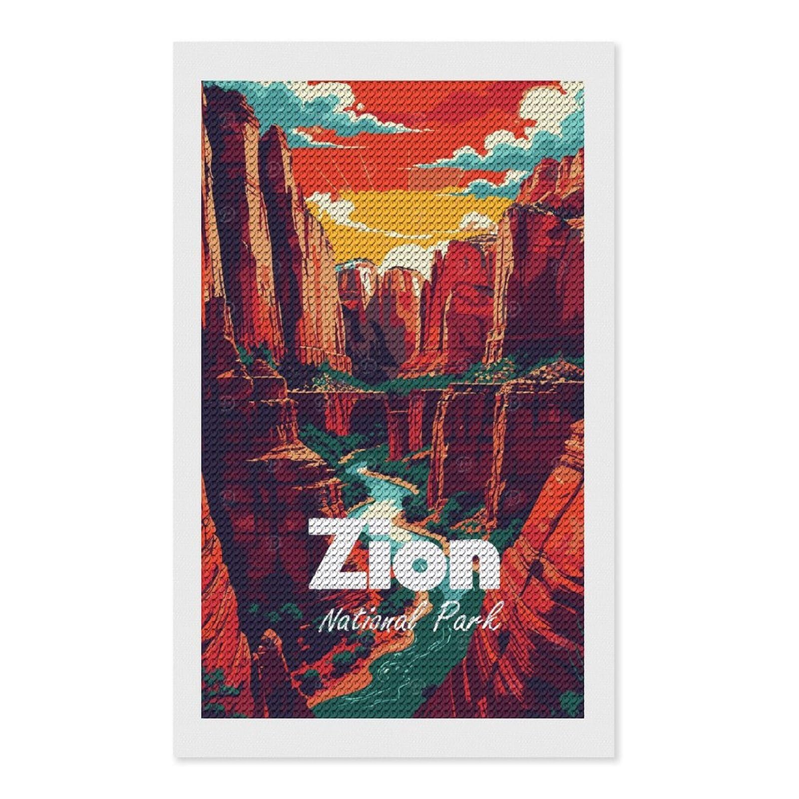 Junmoney Zion National Park Illustration Round Drill Diamond Painting 12"x20", Satisfying Creative Project, Complete Accessories, Printed Canvas
