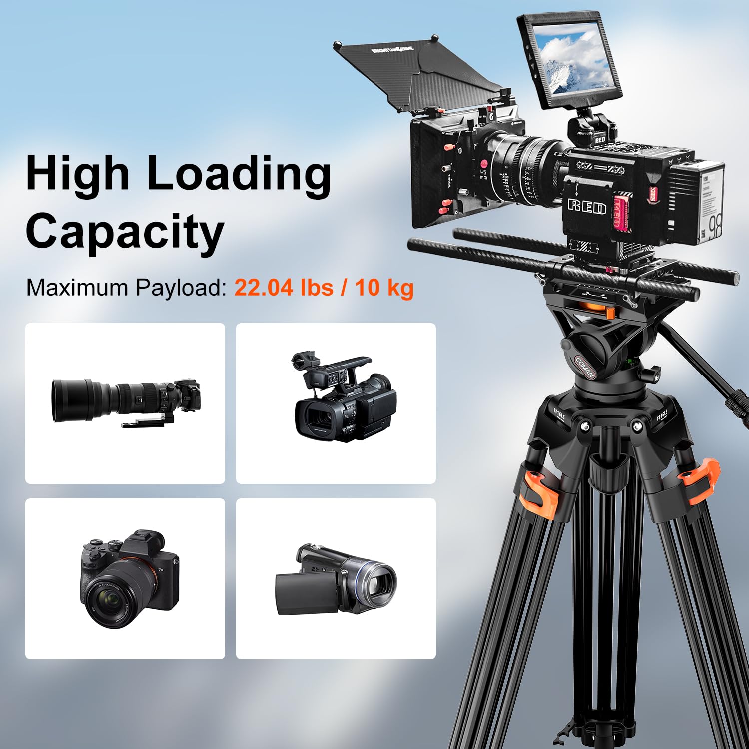 COMAN 186CM Video Kamerastativ - Aluminium Mit Camera Tripod 360°-Fluidkopf,QR Platte Kompatibel mit Fotostativ DJI RS Gimbals, Robustes Stativ für DSLR Kamera und Camcorder,Max Load 10kg