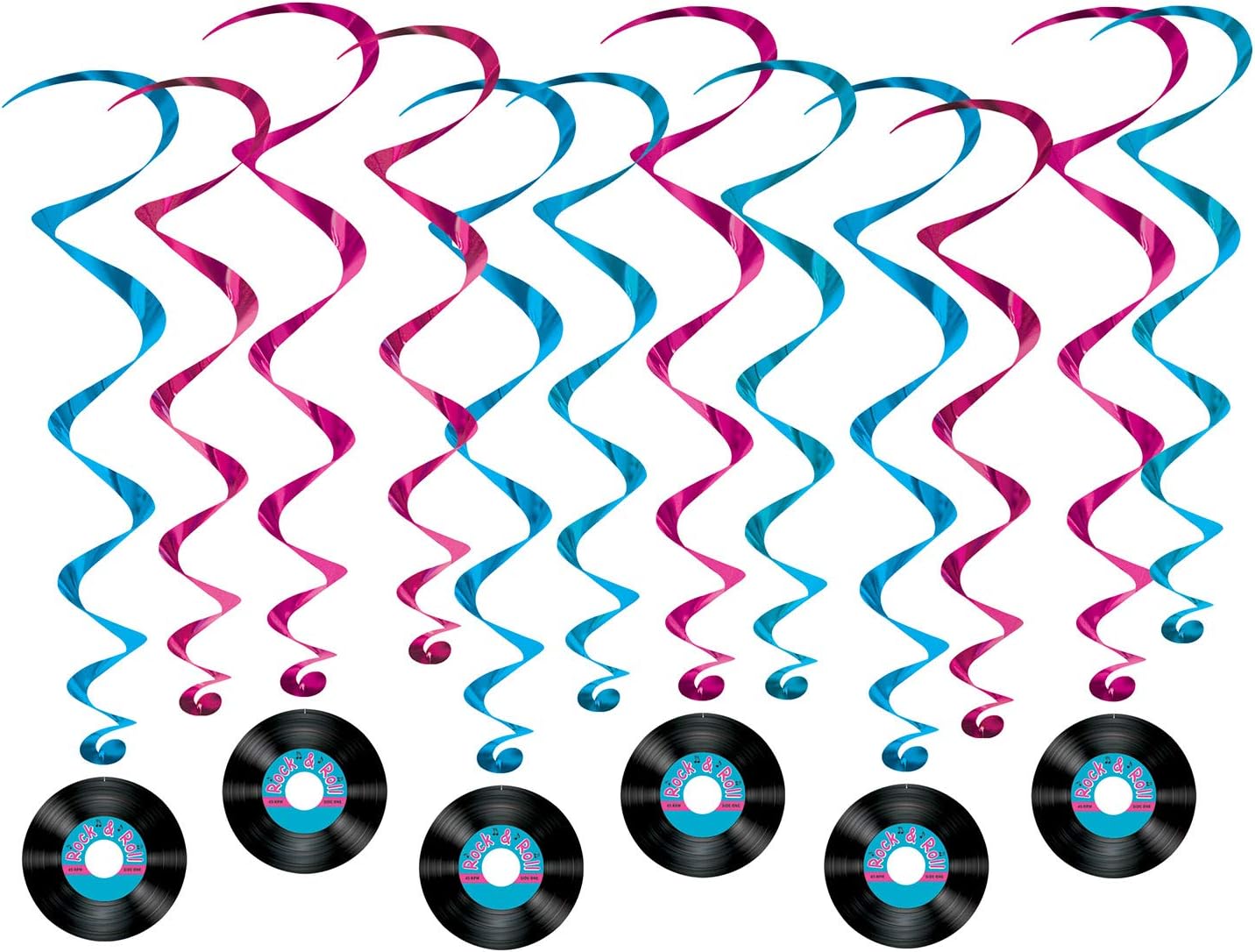 Beistle 50's Theme Party Decorations, Rock and Roll Records Assorted Metallic Hanging Whirls 17.5 Inch to 34.5 Inch, Pack 72