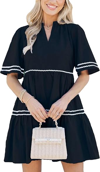 Bozanly Womens 2026 Summer V Neck Wave Trim Mini Dress Boho Short Sleeve Cotton Flowy Tiered Sundress