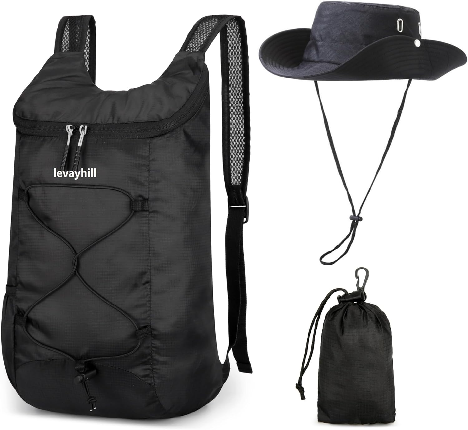 levayhill 16L Foldable Backpack & Bucket Hat 2 In 1 Combo, Lightweight packable Travel Set, Compact Daypack with Sun Hat (Black)