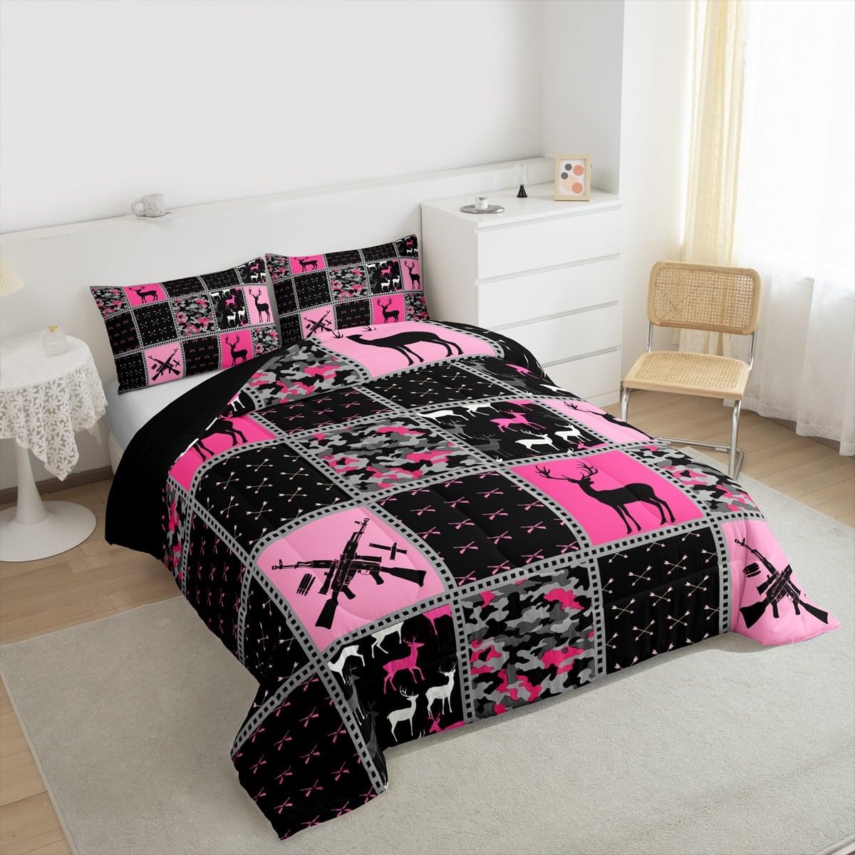 Feelyou Twin Size Cute Deer Bedding Set Boys Girls Deer Hunting Camo Comforter Set for Kids Women Men Ultra Soft Antlers Western Farmhouse Comforter Pink Black Duvet Set Room Decor Quilt Set - Image 2