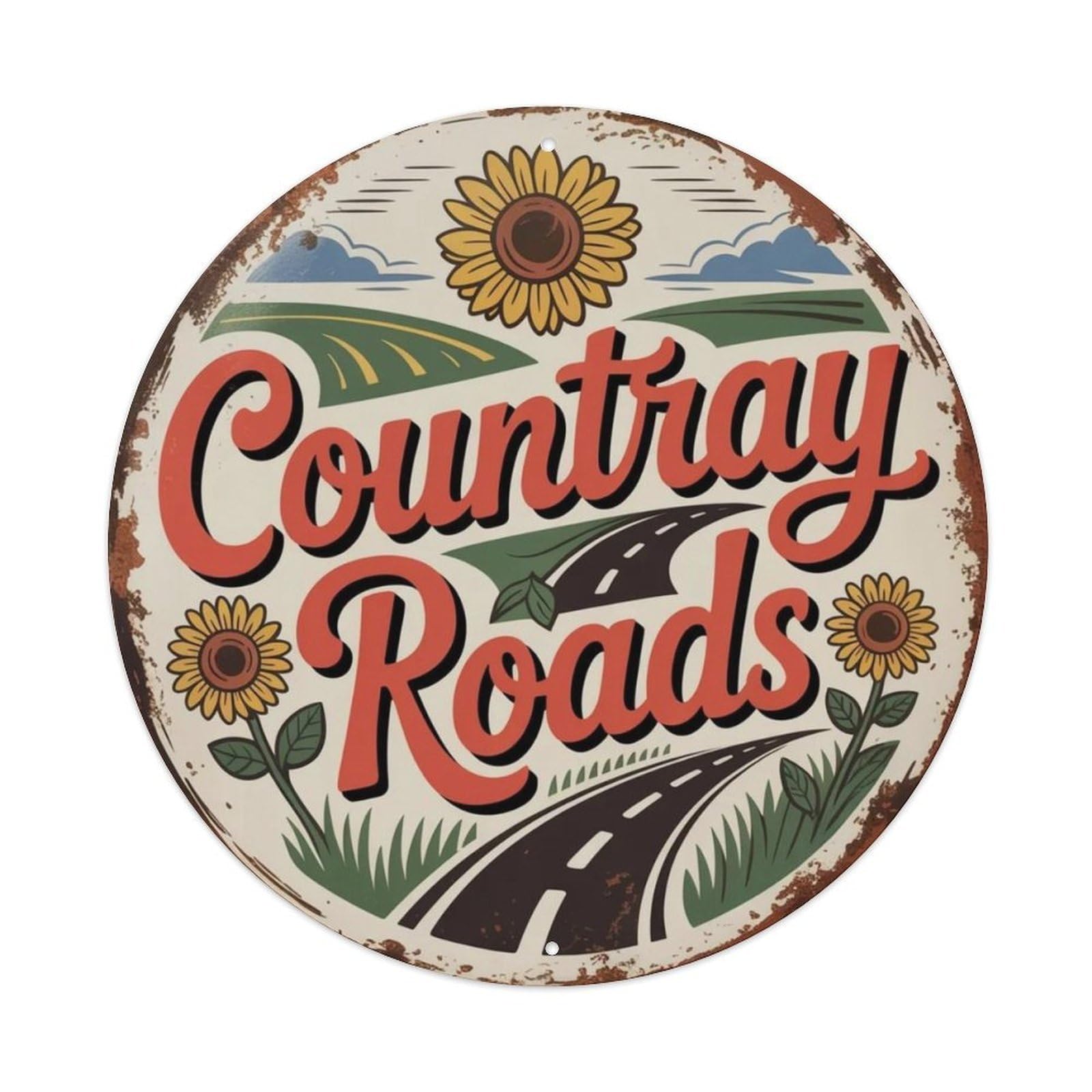 Country Roads Hand Drawn Metal Tin Sign Plaque