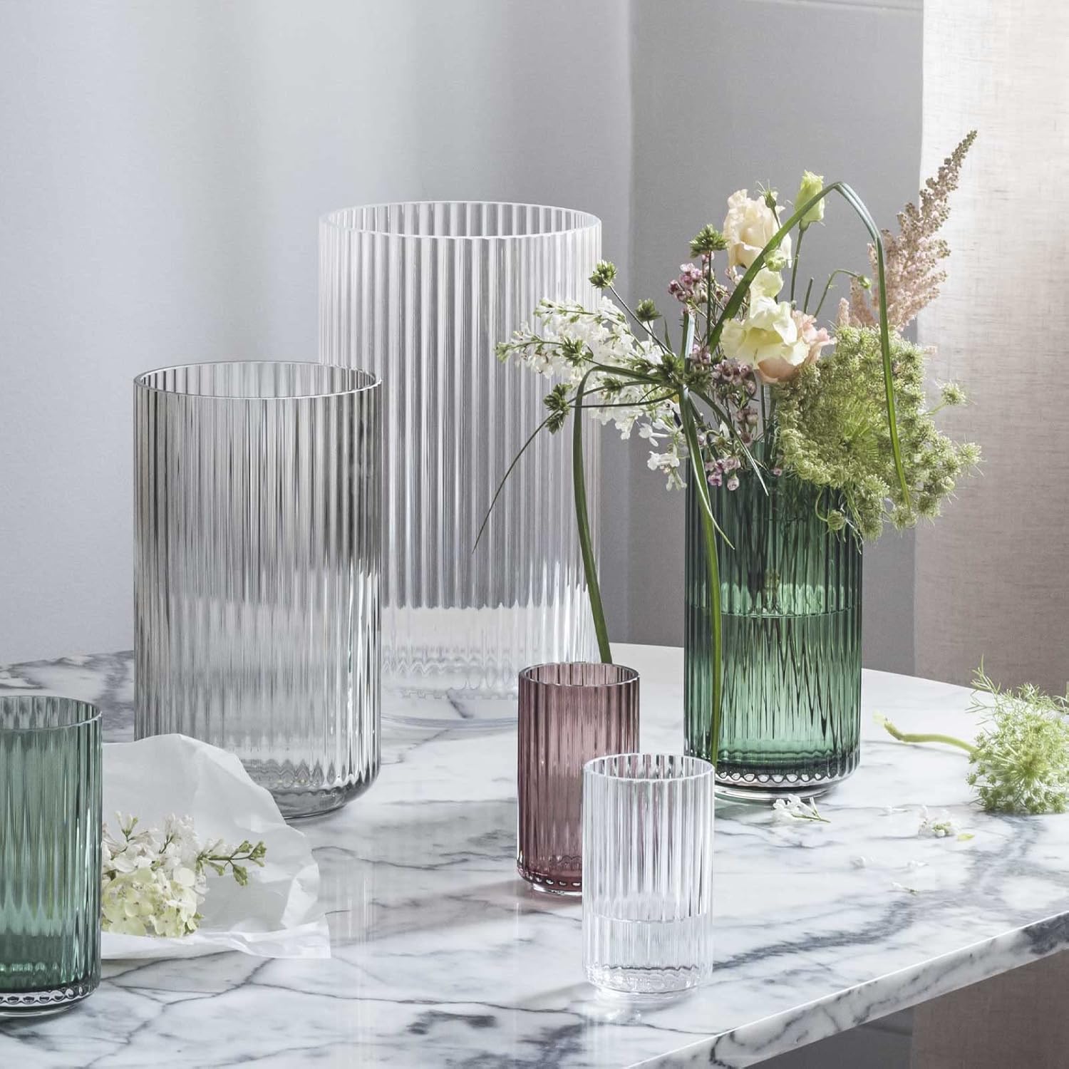 Rosendahl Lyngby Vase, Burgundy Mouth Blown Glass Grooved Design, 8.07" Fluted Light-Play Column, Gift-Ready Danish Design Statement