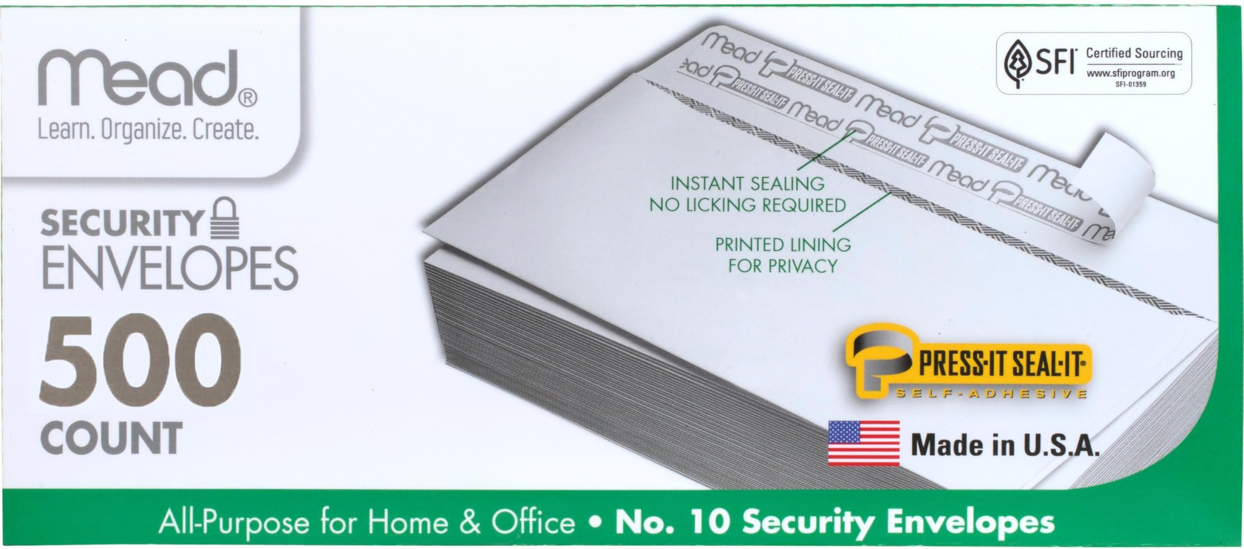 Mead #10 Security Business Envelopes Letter Size 4-1/8" x 9-1/2" – Peel and Seal, Privacy Lined, No-Window, Press-It Seal-It Self-Adhesive for Home & Office Mailing, 500 Count (740010)