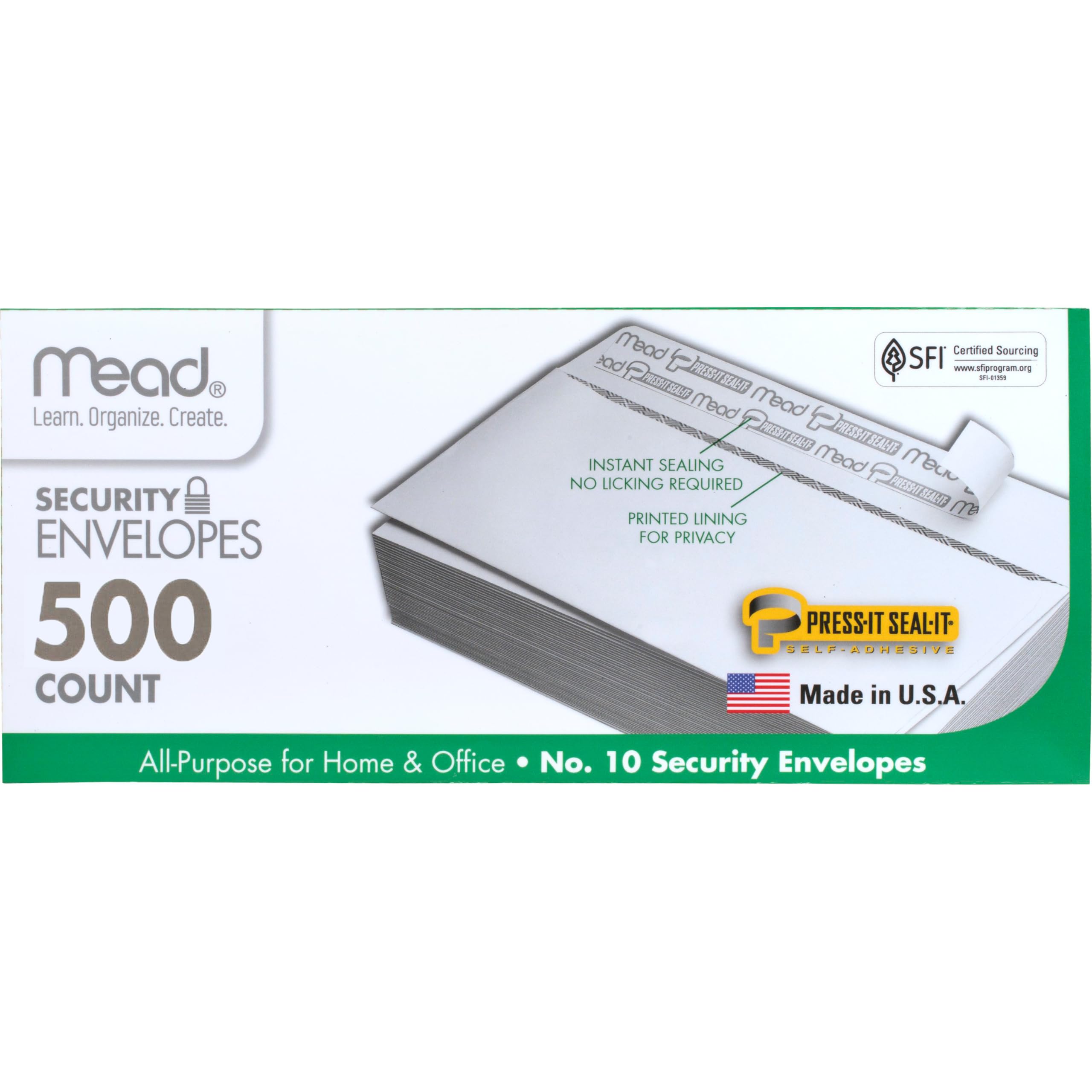 Mead #10 Security Business Envelopes Letter Size 4-1/8" x 9-1/2" – Peel and Seal, Privacy Lined, No-Window, Press-It Seal-It Self-Adhesive for Home & Office Mailing, 500 Count (740010)