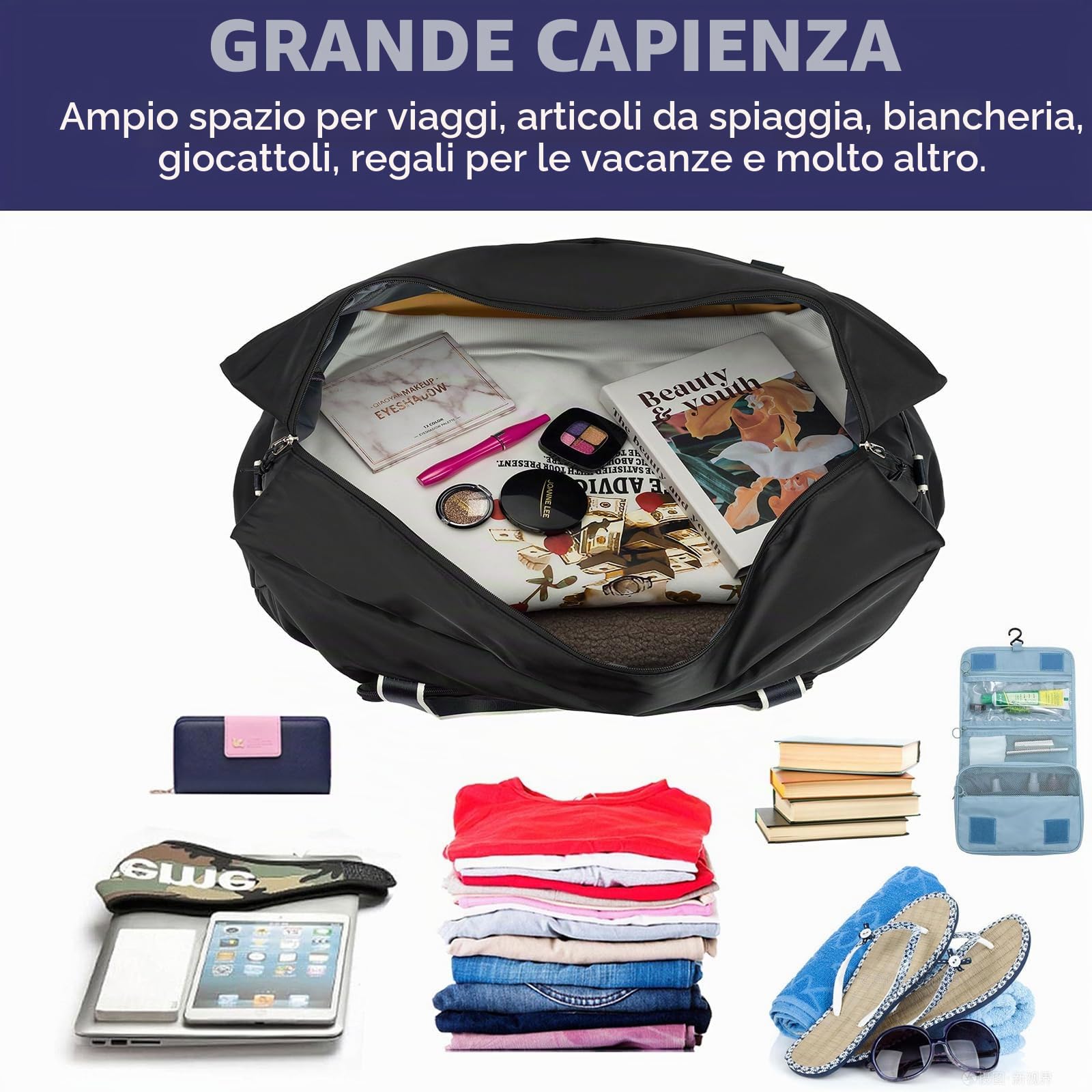 Arxus Pieghevole Borsa da Viaggio Grande, 60L Fine Settimana Overnight Tote con Tracolla Rimovibile Borsone per Uomo e Donna Sport Palestra Mare Aereo Campeggio