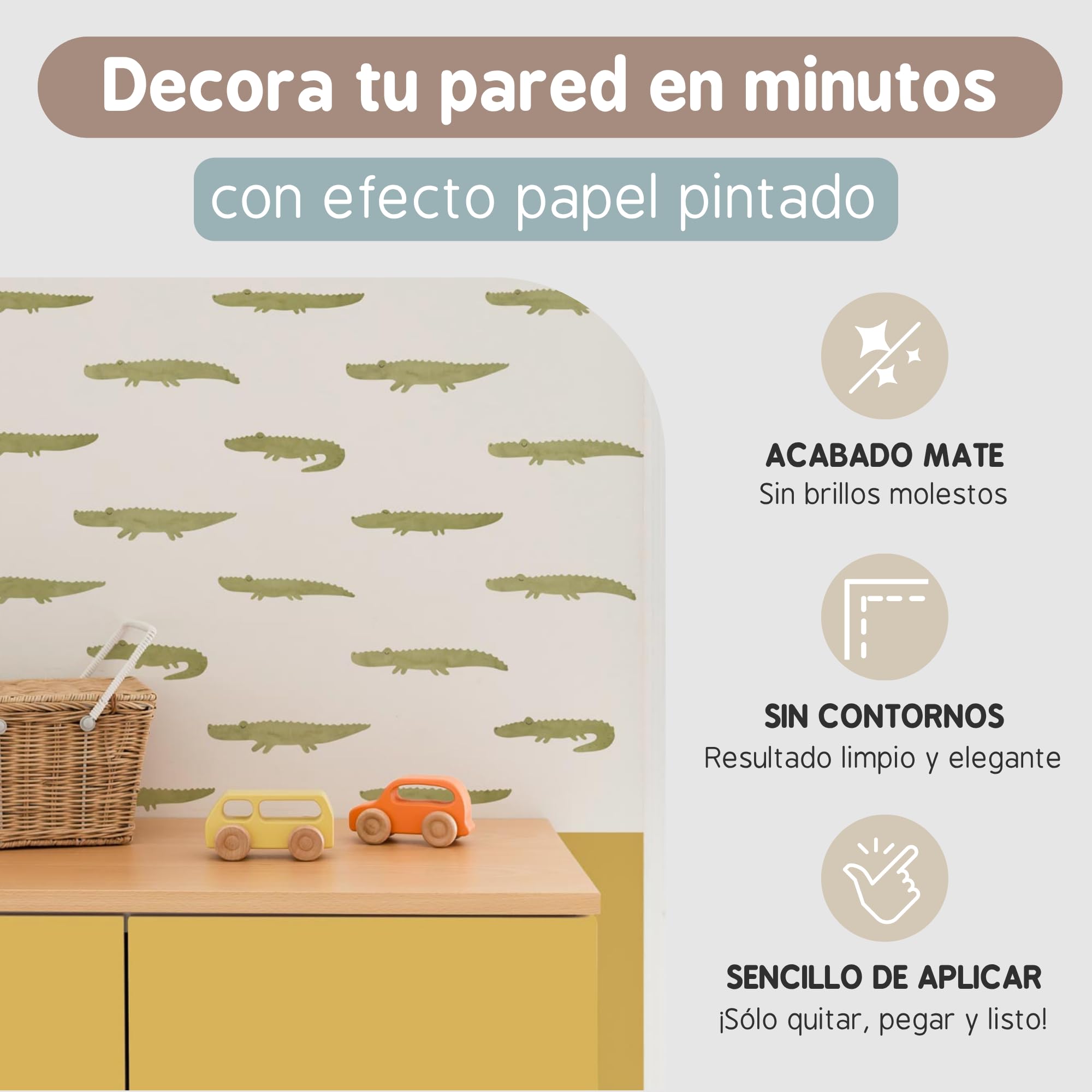 Pegatinas Pared Decorativas Infantiles Cocodrilo | 6 Láminas, 84 Cocodrilos Adhesivos | Vinilo Adhesivo Pared | Efecto Papel Pintado | Cubre 9 m² | TRESXICS (Caqui)