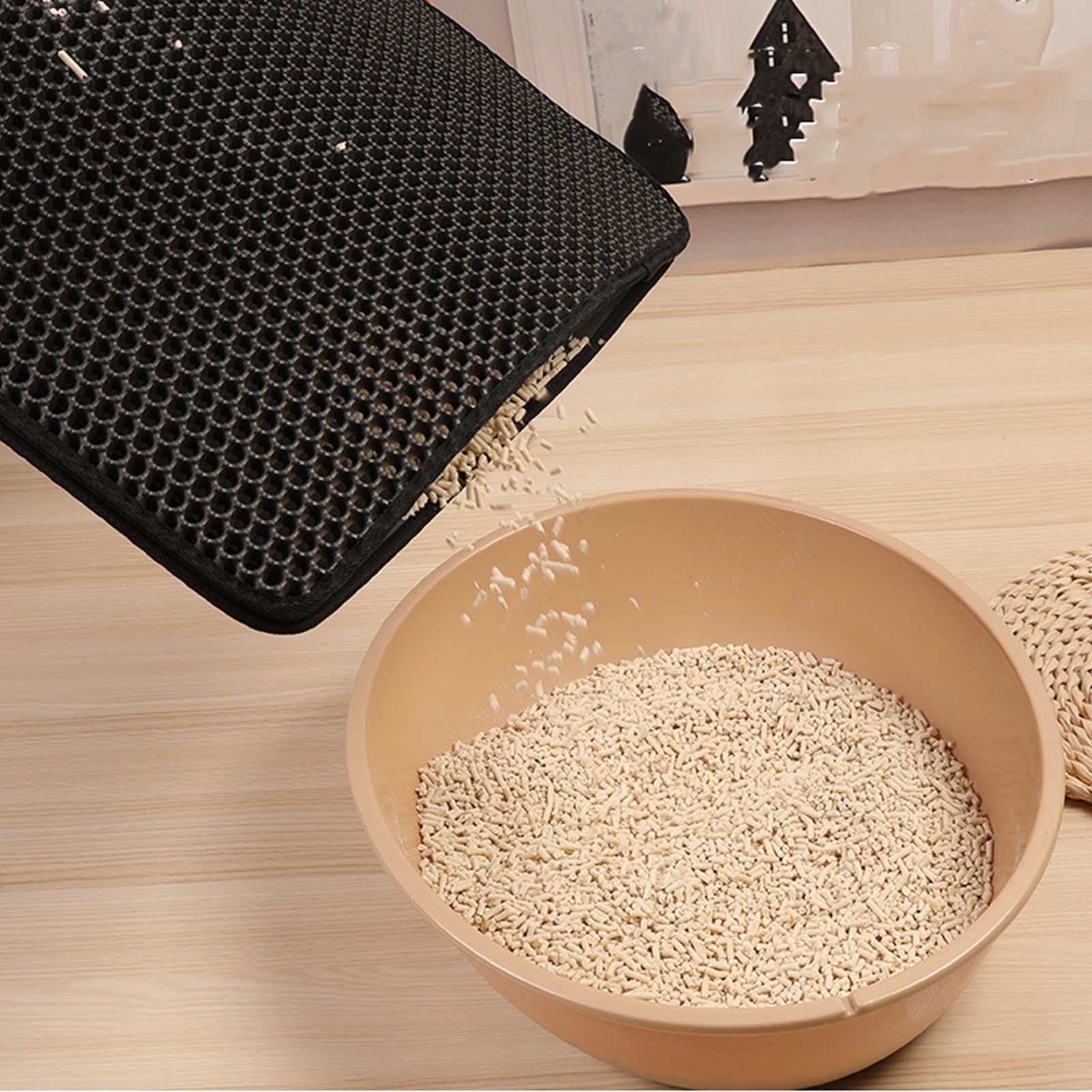 KIMISS Estera para Atrapar para Gatos, Doble Capa, Impermeable, Antideslizante, Fácil de Limpiar, Estera para Residuos de Gatito para Alimentación de Mascotas (BLACK)