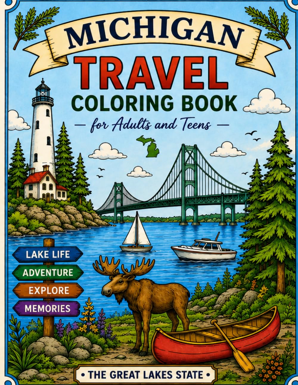 Michigan Travel Coloring Book for Adults and Teens: A Relaxing and Fun Michigan-Themed Coloring Book with Scenic Nature, Wildlife, Lakes, and Iconic Places for Stress Relief and Creativity