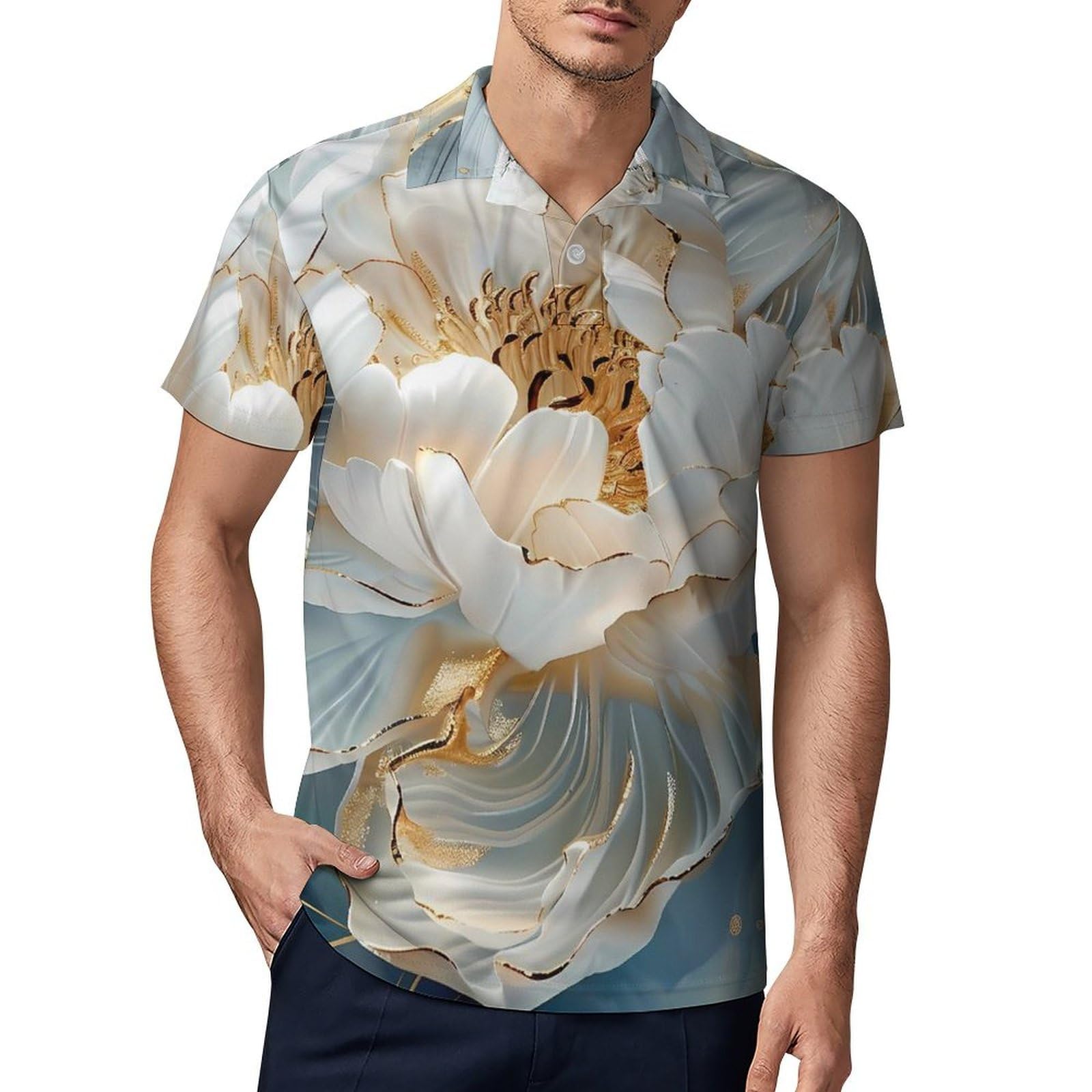 Black and White Peony Flower Men's Polo Shirts Short Sleeve Sports Golf Shirt Casual T-shirt Tee Tops