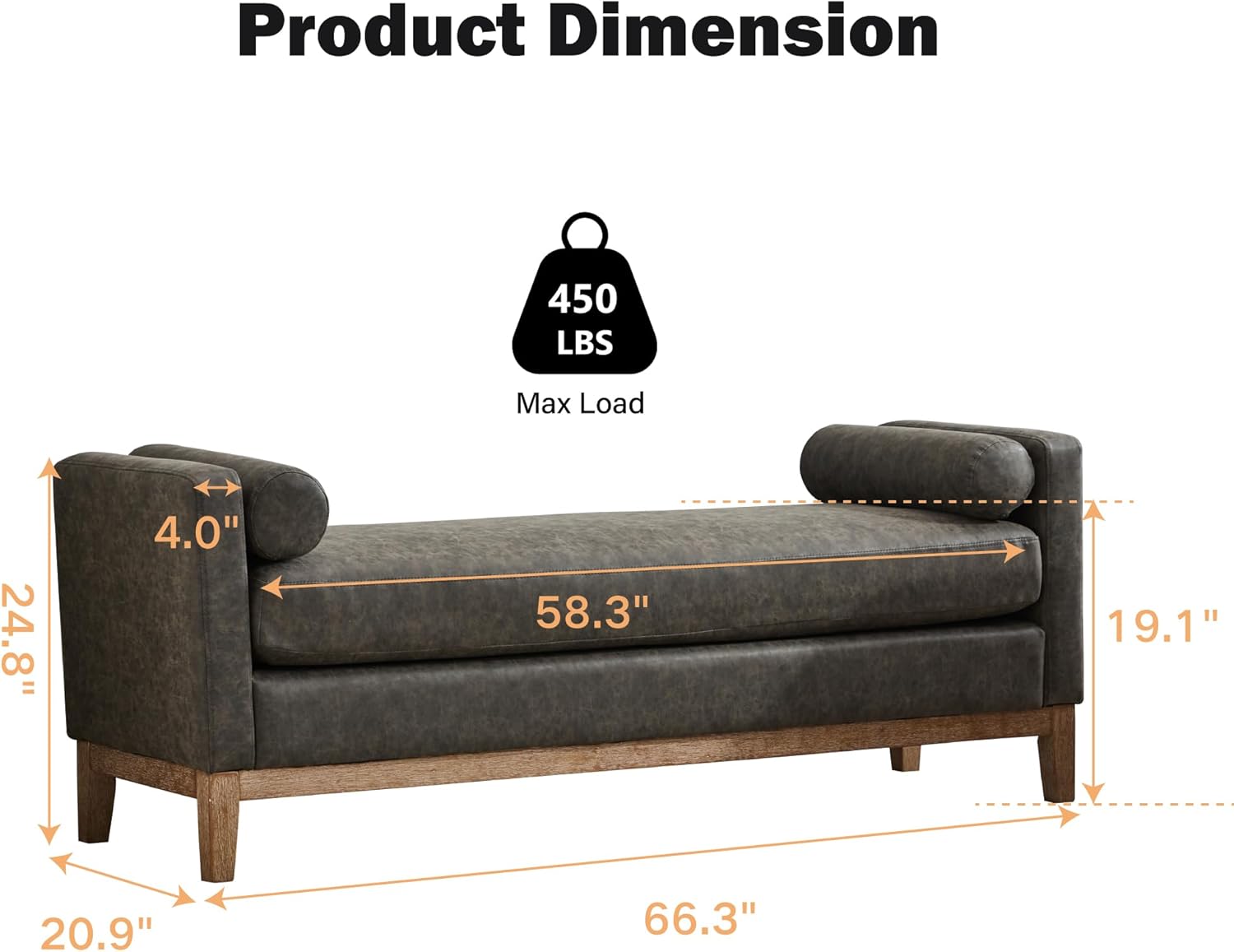 Chifee & Vingol 66" End of Bed Bench King Size Upholstered Leather Bench for Bedroom Entryway, Gray