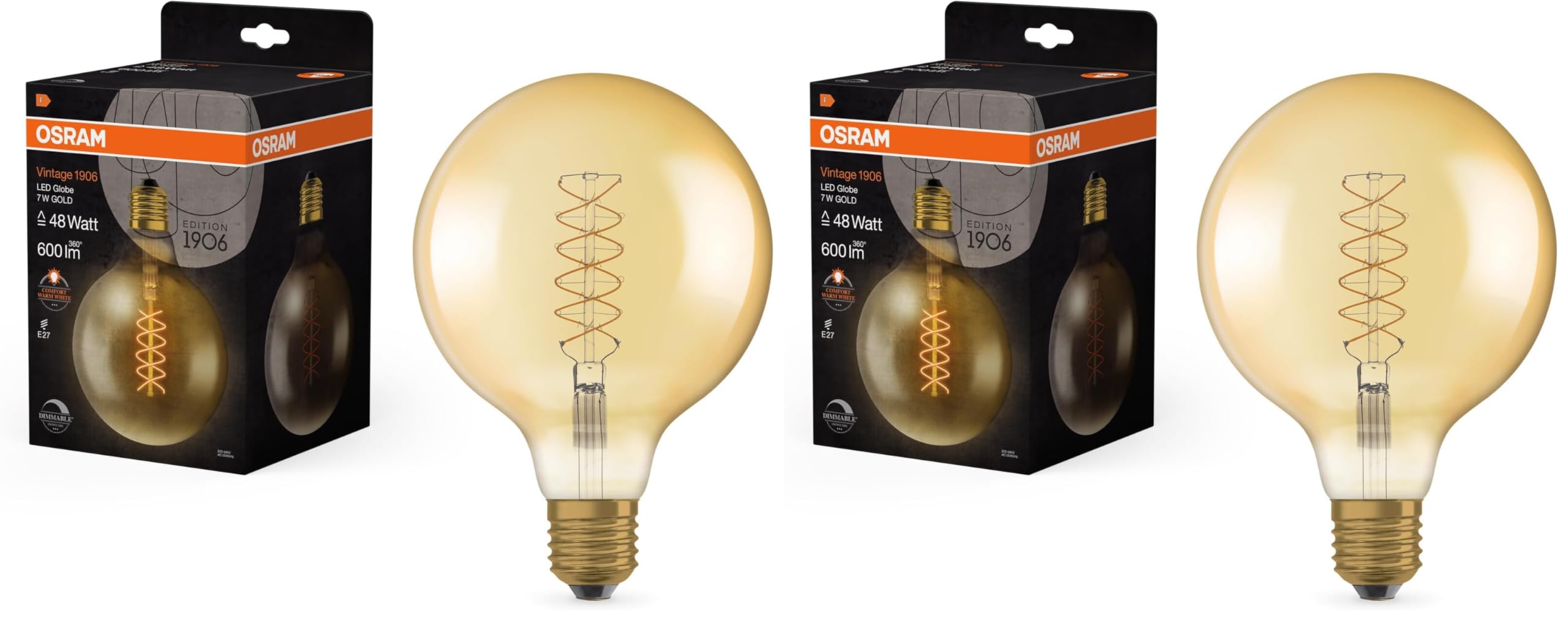 OSRAM Lampada LED Vintage 1906 vetro dorato, 7W, 600lm, forma Globo con diametro 125mm e attacco E27, luce bianca calda, filamento a spirale, dimmerabile, durata fino a 15.000 ore (Confezione da 2)