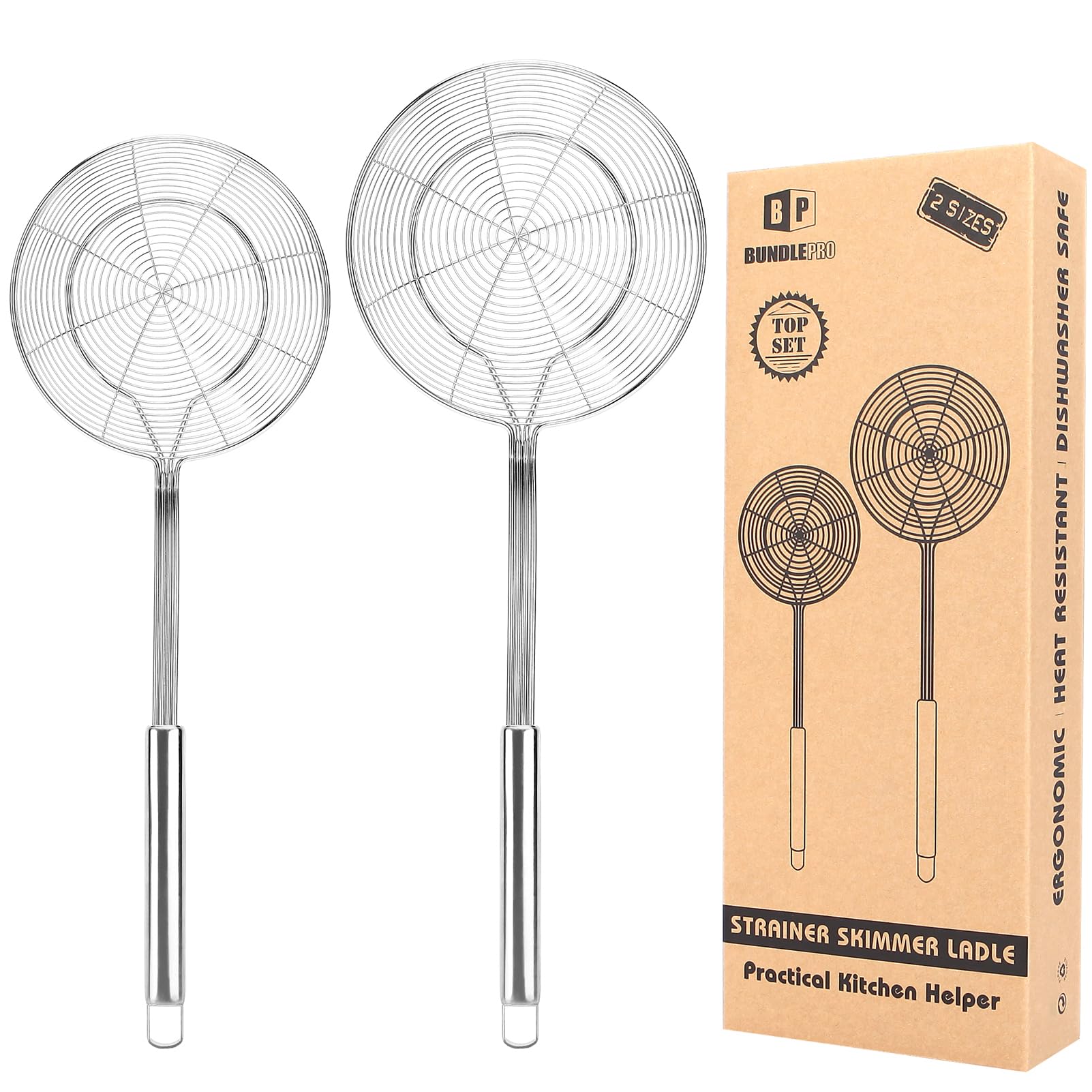 Pack of 2 Strainer Ladle,Stainless Steel Wire Skimmer, Spider Straining Spoons,Kitchen Mesh Spoon with Long Handle for Cooking, Frying, Boiling Noodles, Dumplings, Pasta,Spaghetti