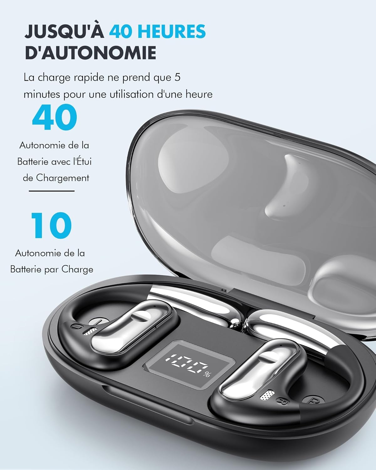 EUQQ headphones in charging case showing battery life