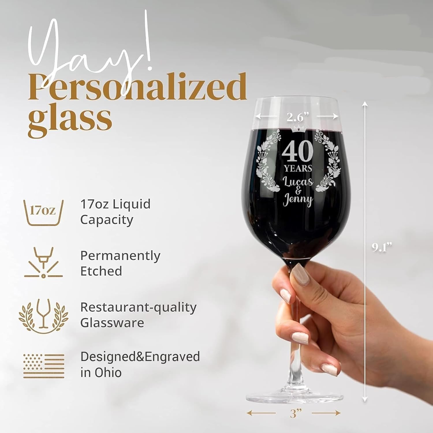 Custom Wine Glass Set of 2, Personalized Happy Anniversary Wine Glasses, Engraved Wedding Keepsake for Couple, Etched 40th/50th/60th Wedding Gift for Soulmate (Anniversary, 17oz Stemmed)