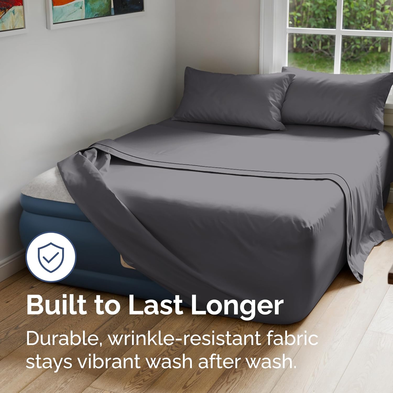 Air Mattress Sheet Set for Full Size - 4 Piece Breathable & Cooling Sheets w/Extra Deep Pockets - Fits Inflatable & Blow Up Air Mattresses Up to 24 Inches Thick - Soft and Wrinkle Free - Dark Grey