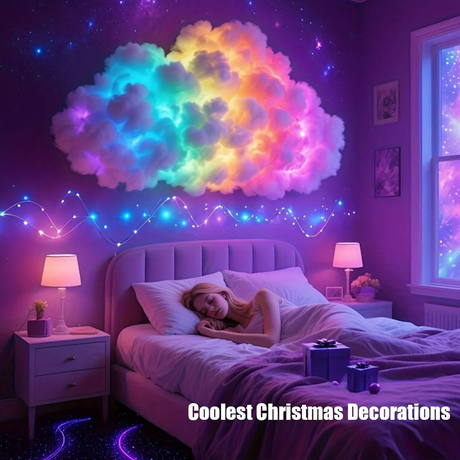 Lámpara de Nube de Tormenta LED 3D, USB, Multicolor | Algodón 3D, sincronización musical, modos ajustables. Ideal para juegos, Halloween o dormitorios.(800cm/314.96in)