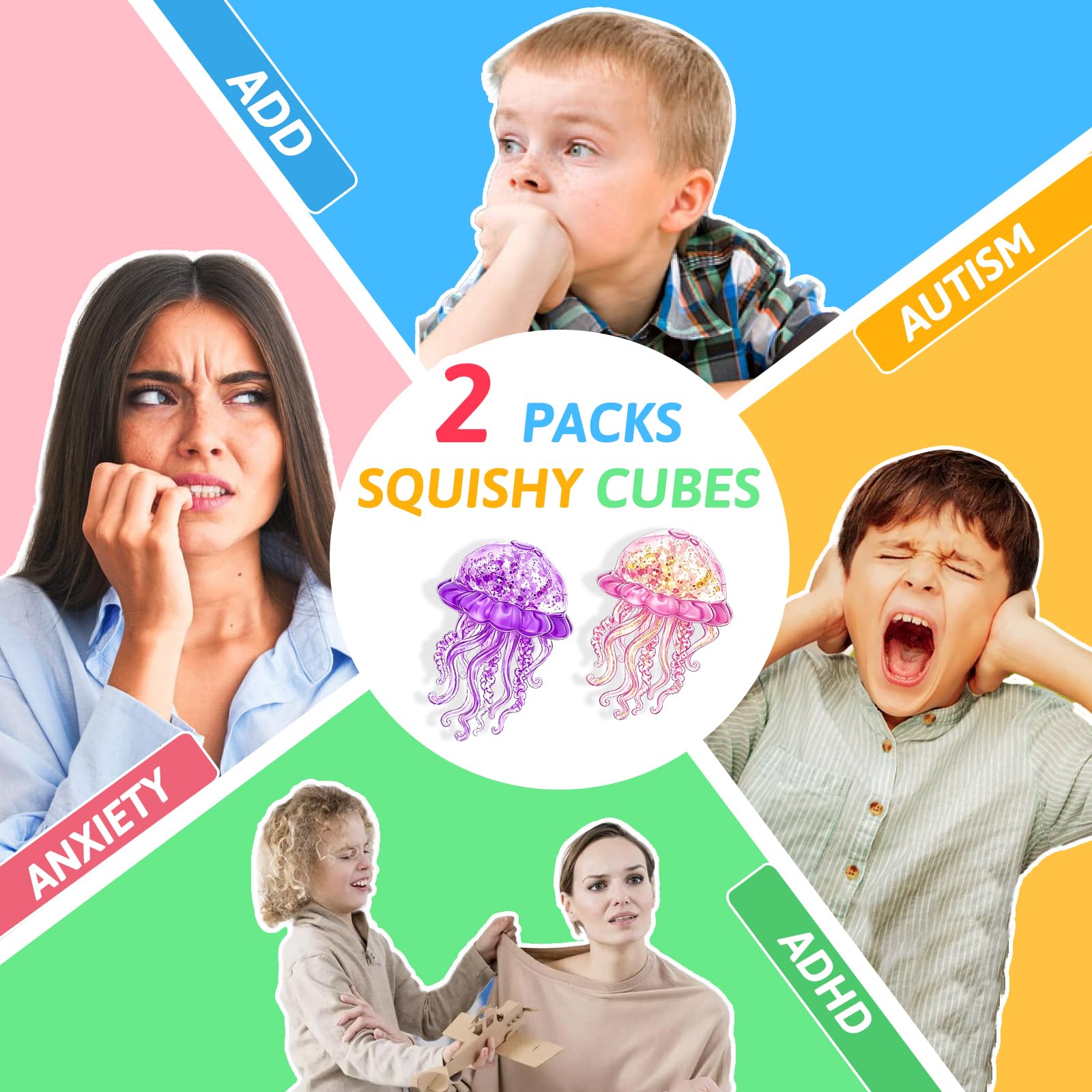 Set De 2 Medusas Squishy Con Purpurina – Rosa Y Morado – Juguete Anti-Estrés De TPR Con Tentáculos Flexibles – Ideal Para Autismo Y Ansiedad – Tamaño Portátil