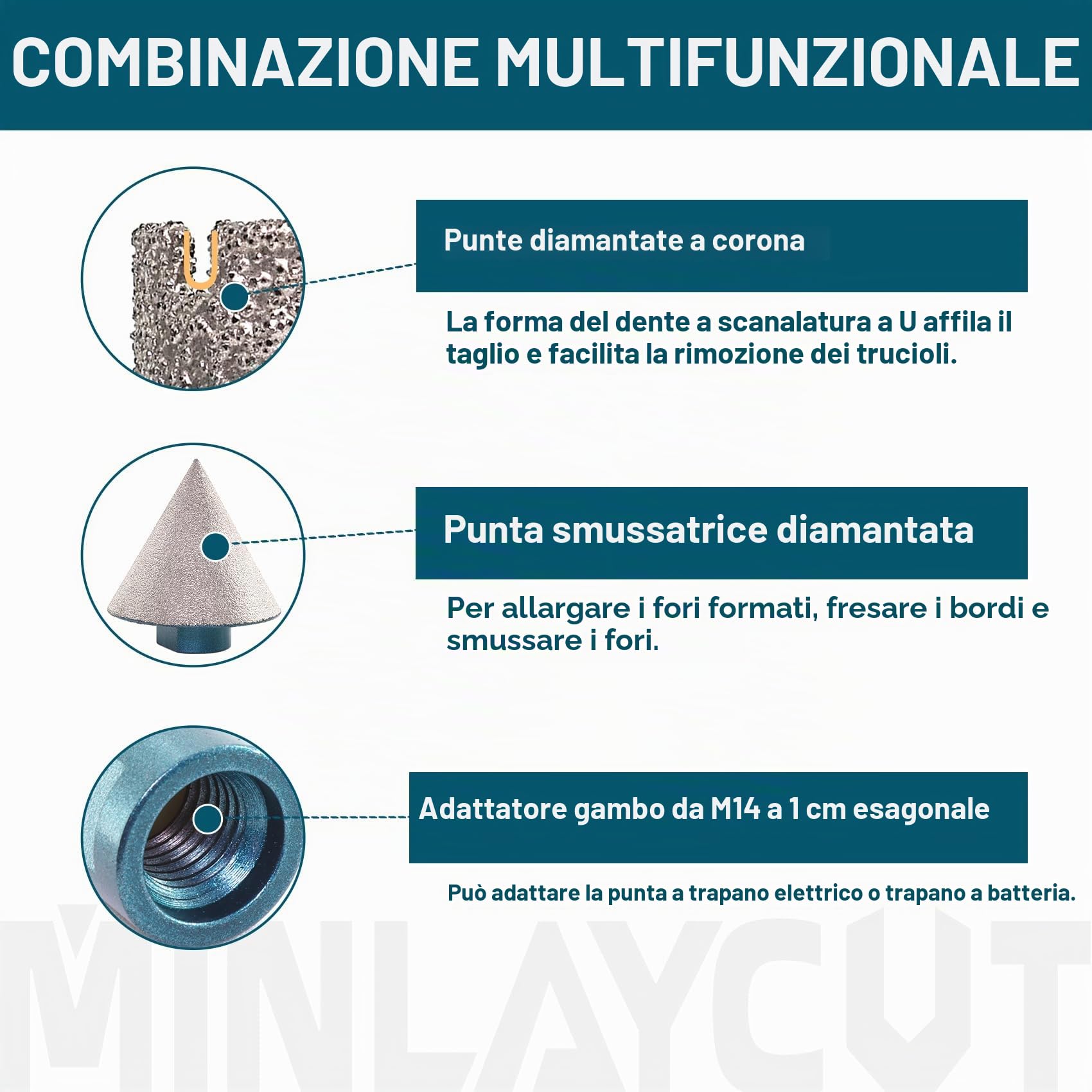 Trapani per piastrelle diamantate a trapano, M14, set di 12 punte diamantate 6/6/8/20/25/35/50/68/110mm+20F+50B+adattatore per piastrelle in porcellana granito marmo