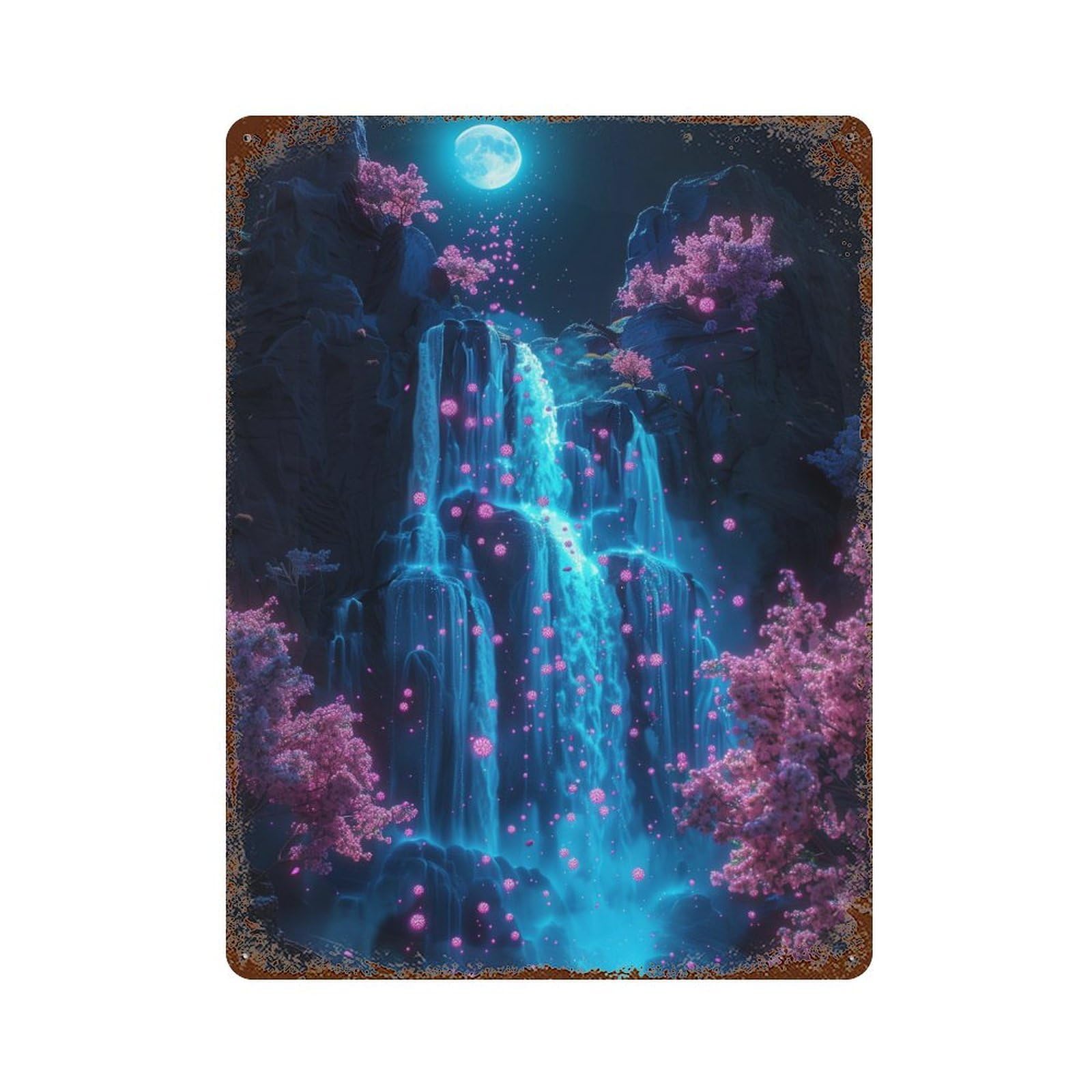 Rust Effect Enchanted Waterfall Moonlit Night Rustic Tin Plaque 15.7"x11.8", Classic Wall Plaque for Shed, Workshop And Garage Wall Decor