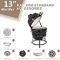 Vista 3 de Parrilla Kamado de 13 pulgadas de ancho con termómetro incorporado, parrilla ovalada con rejillas de hierro fundido, mango de bambú, parrillas