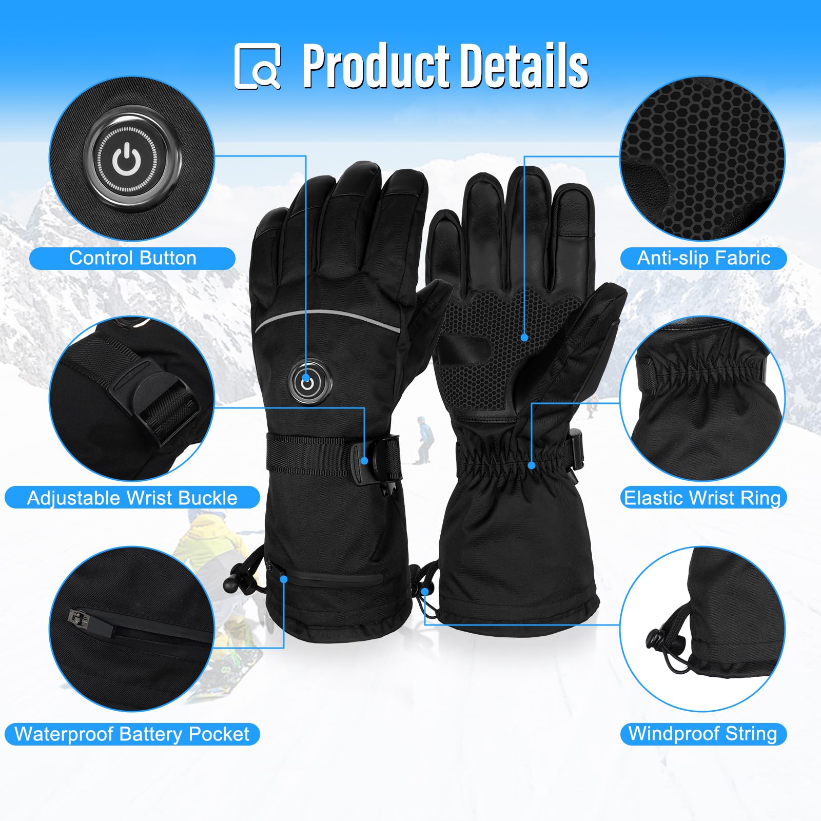 MRAWARM Gants Chauffants Électriques Rechargeables 5V 6000mAh pour Homme Femme, 3 Niveaux de Chauffage, Imperméables, Écran Tactile pour Sports d'Hiver (Noir, Unisexes-Adultes)