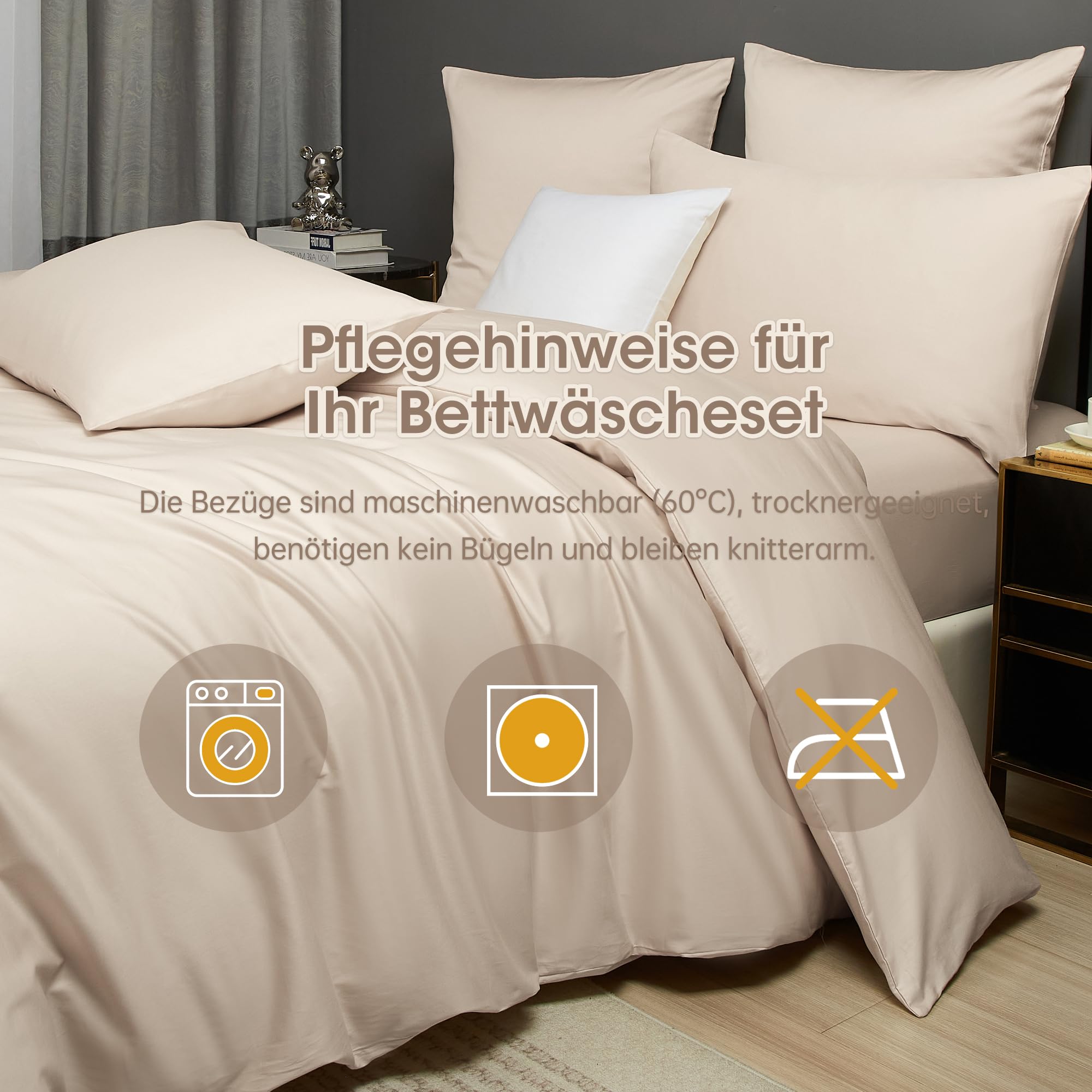 Luofanfei Kühlend Mako Satin Bettwäsche 200x200 Baumwolle Sommer Beige Glatt Muster Atmungsaktiv Bettwäscheset Weich und Bügelfrei Uni Bettbezug und 2 Kissenbezüge 80x80 cm