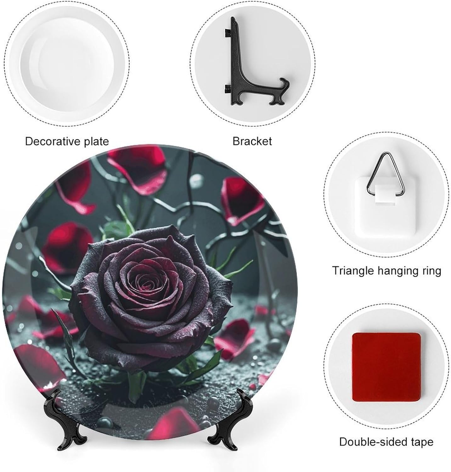 Rose Decorative Plates Bone China Plates with Stand for Display 10inch Round Ceramic Dinner Plates Dessert Plate for Kitchen Party Coffee Table Decor Art