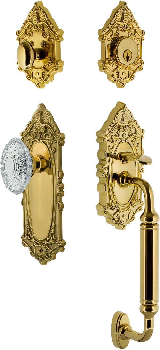Nostalgic Warehouse 756052 Victorian Plate C Grip Entry Set Crystal Victorian Knob, Backset Size: 2.375", Lifetime Brass