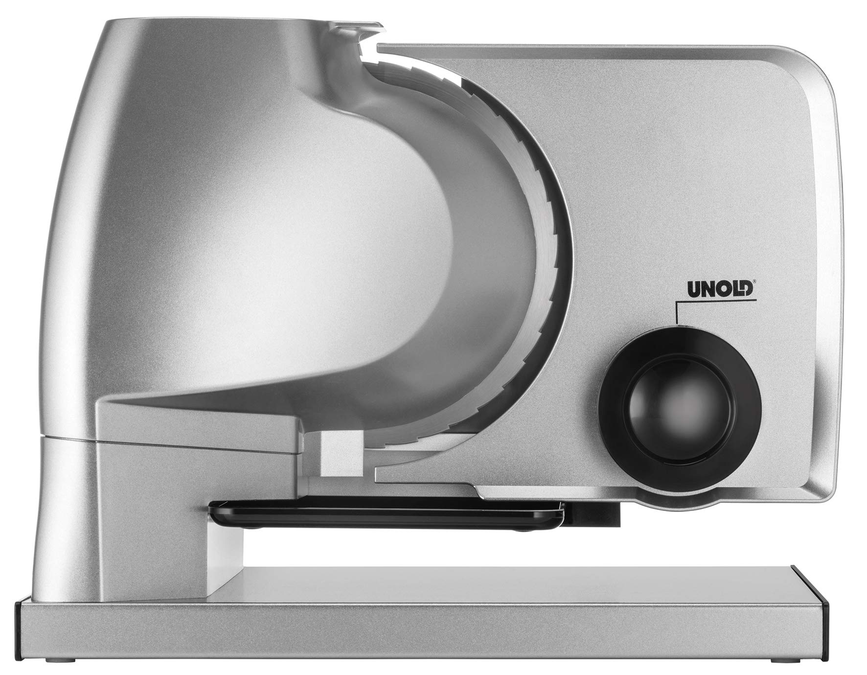 Unold 78826 Allesschneider Metall Plus - Silber/Schwarz, 100 Watt, Antirutschfüße, Edelstahl-Wellenschliffmesser, einstellbare Schnittbreite
