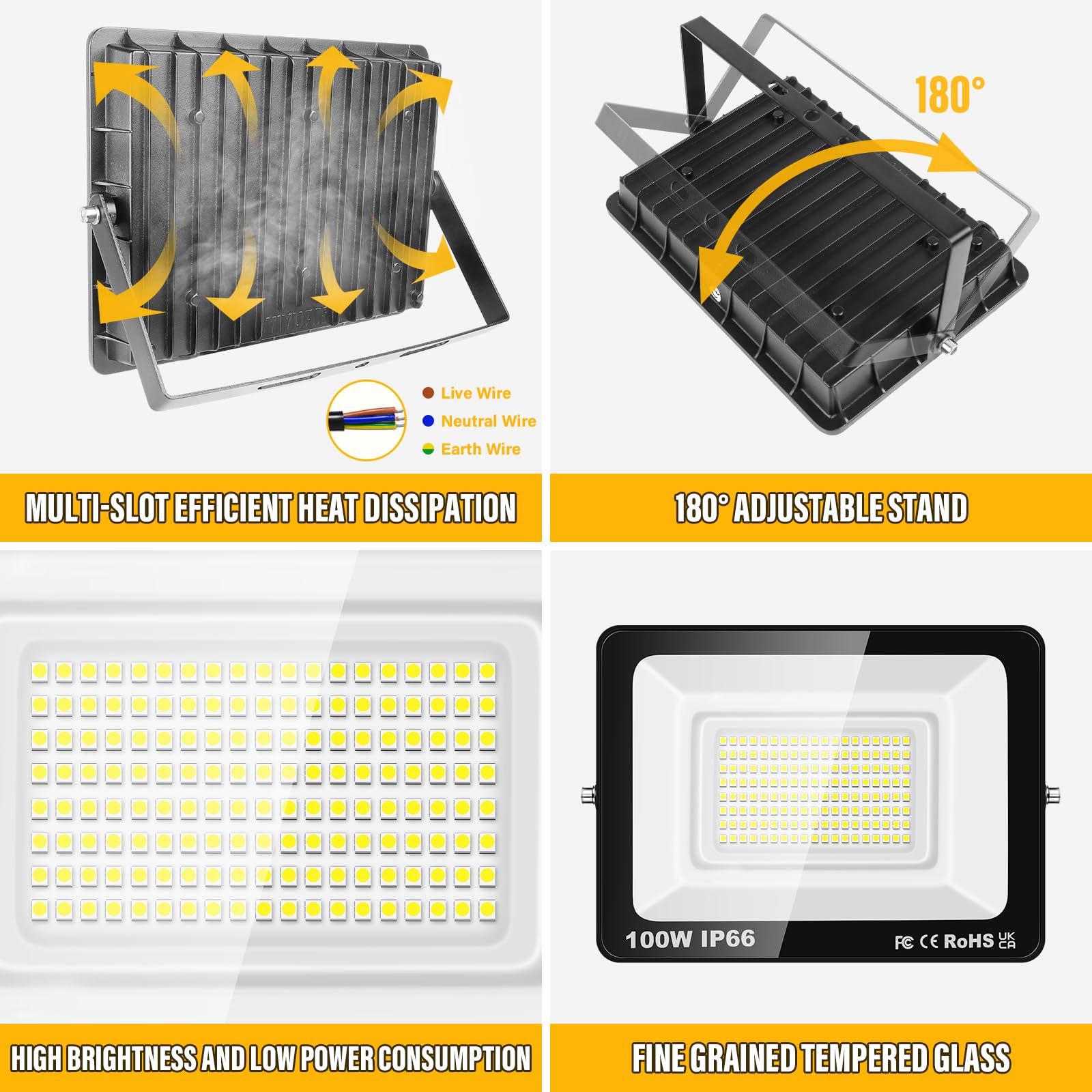 SKYWORLD 2x Foco LED Exterior, 100W 10000LM Impermeable Foco Proyector LED | Sin Enchufe, 6000K Blanco Frío, Luz de Seguridad, Exterior y Interior Floodlight para Jardín Garaje Patio Entrada Terraza