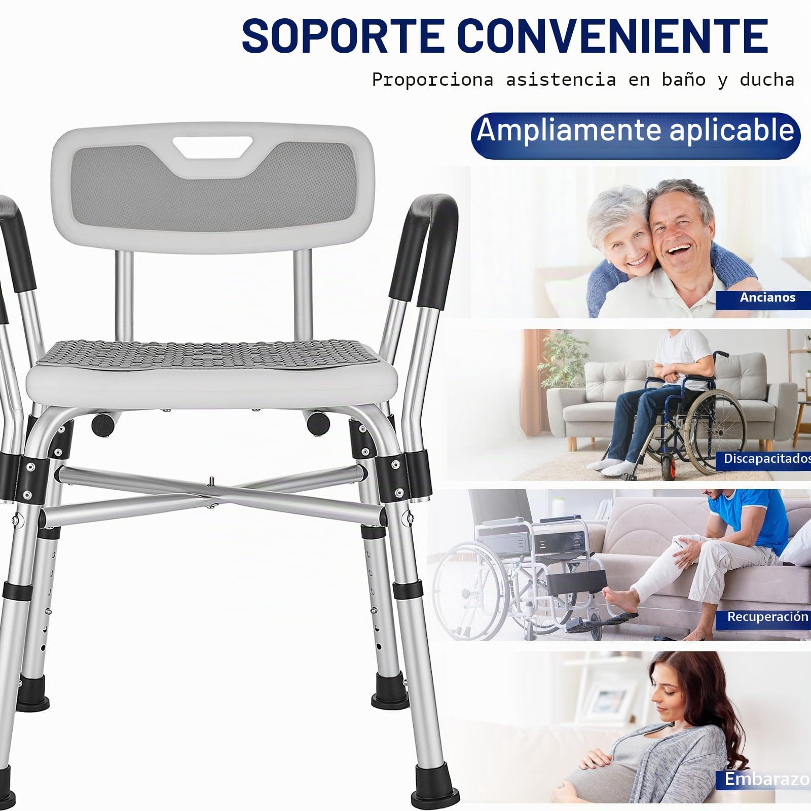 Silla de Ducha para Ducha con Brazos y Respaldo,Pesado Taburete de Ducha, 6 Altura Ajustable,Antideslizante, Silla Ducha para Personas Mayores y Discapacitadas Gris 180kg