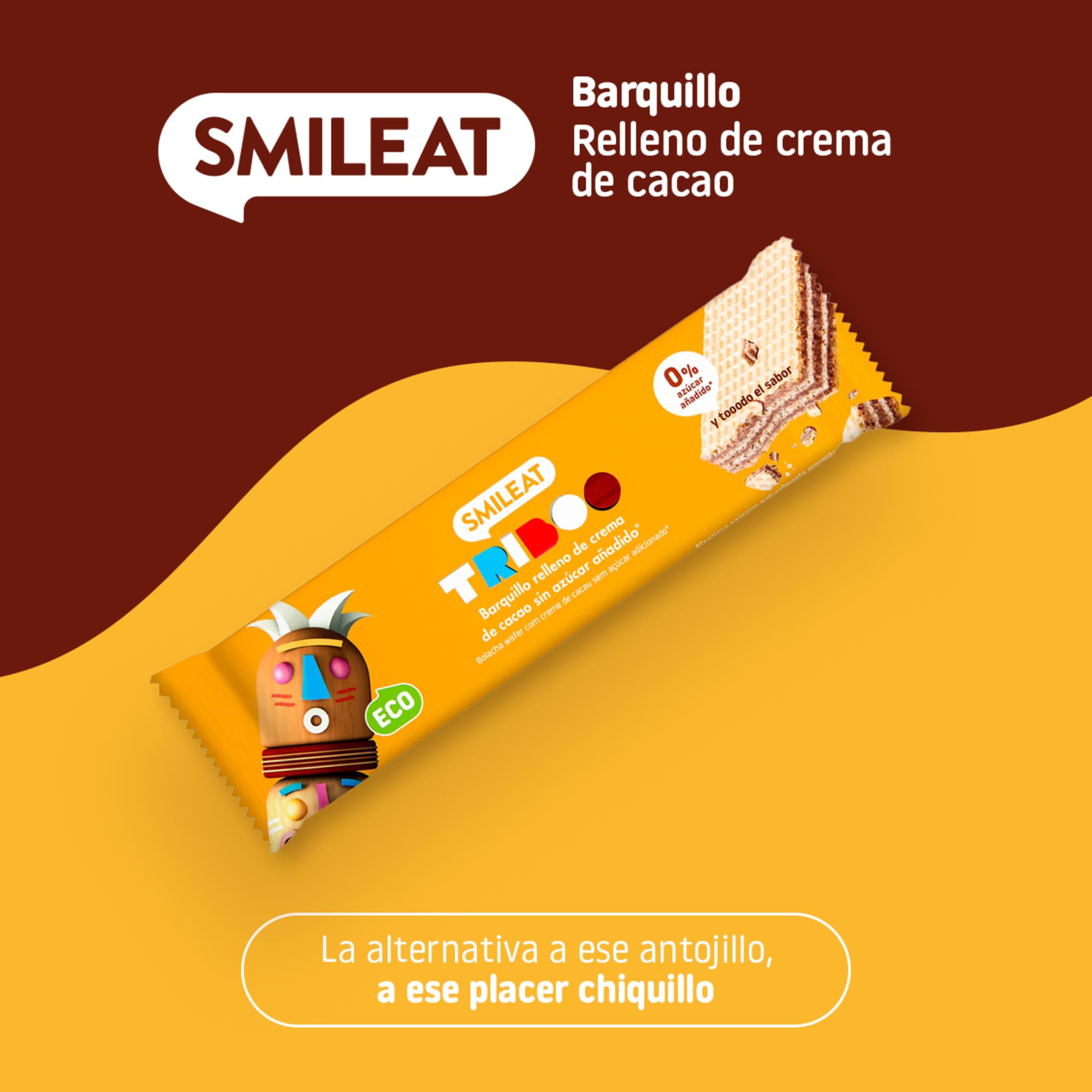 Smileat - Barquillo TRIBOO Relleno de Crema de Cacao - Snack con ingredientes ecológicos - Sin Azúcar Añadido - Merienda Crujiente con alto contenido de fibra