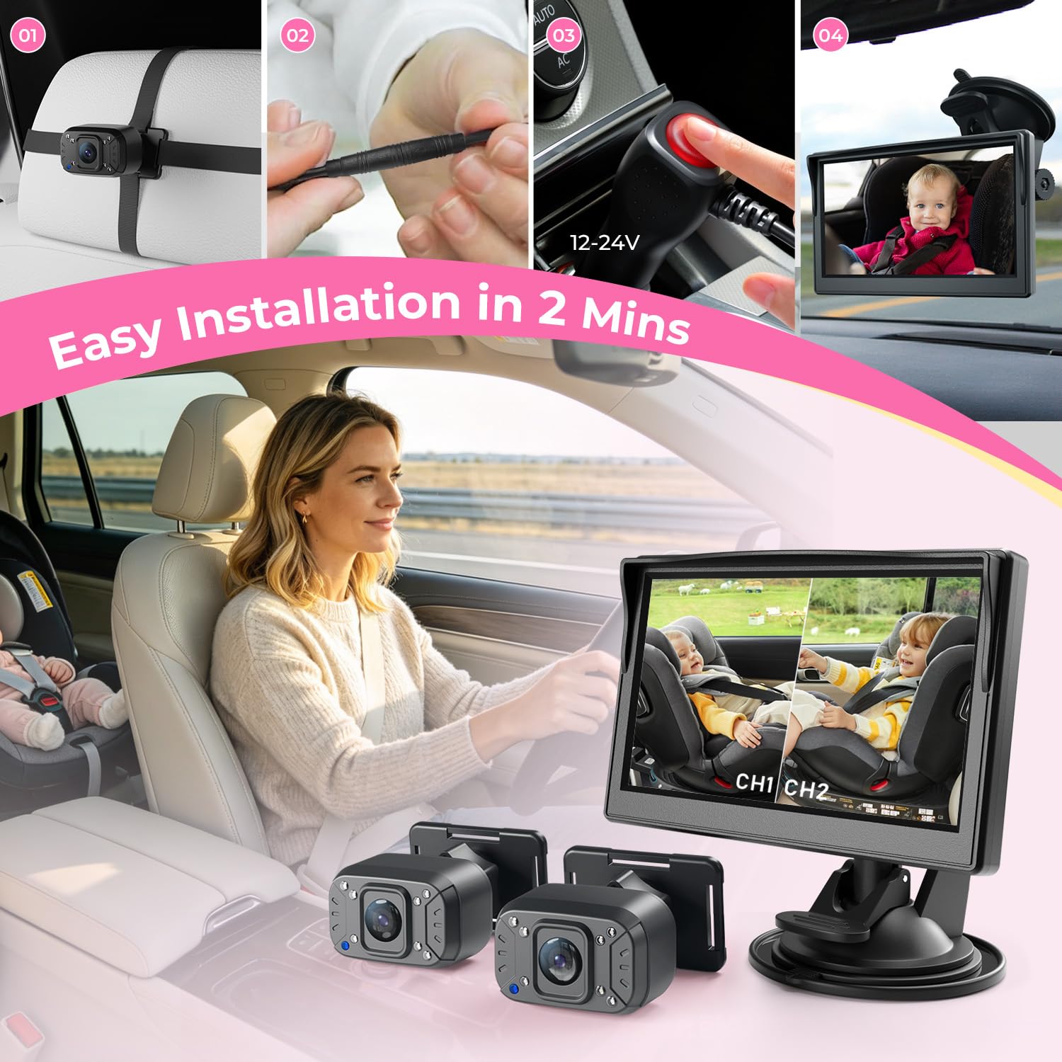 Itomoro Baby Car Camera, Dual Channel 5 Inch Monitor with 2 IR Night Vision AHD Camera, Easily Install 1080P Clear Car Baby Monitor with Camera for Backseat ACZ403